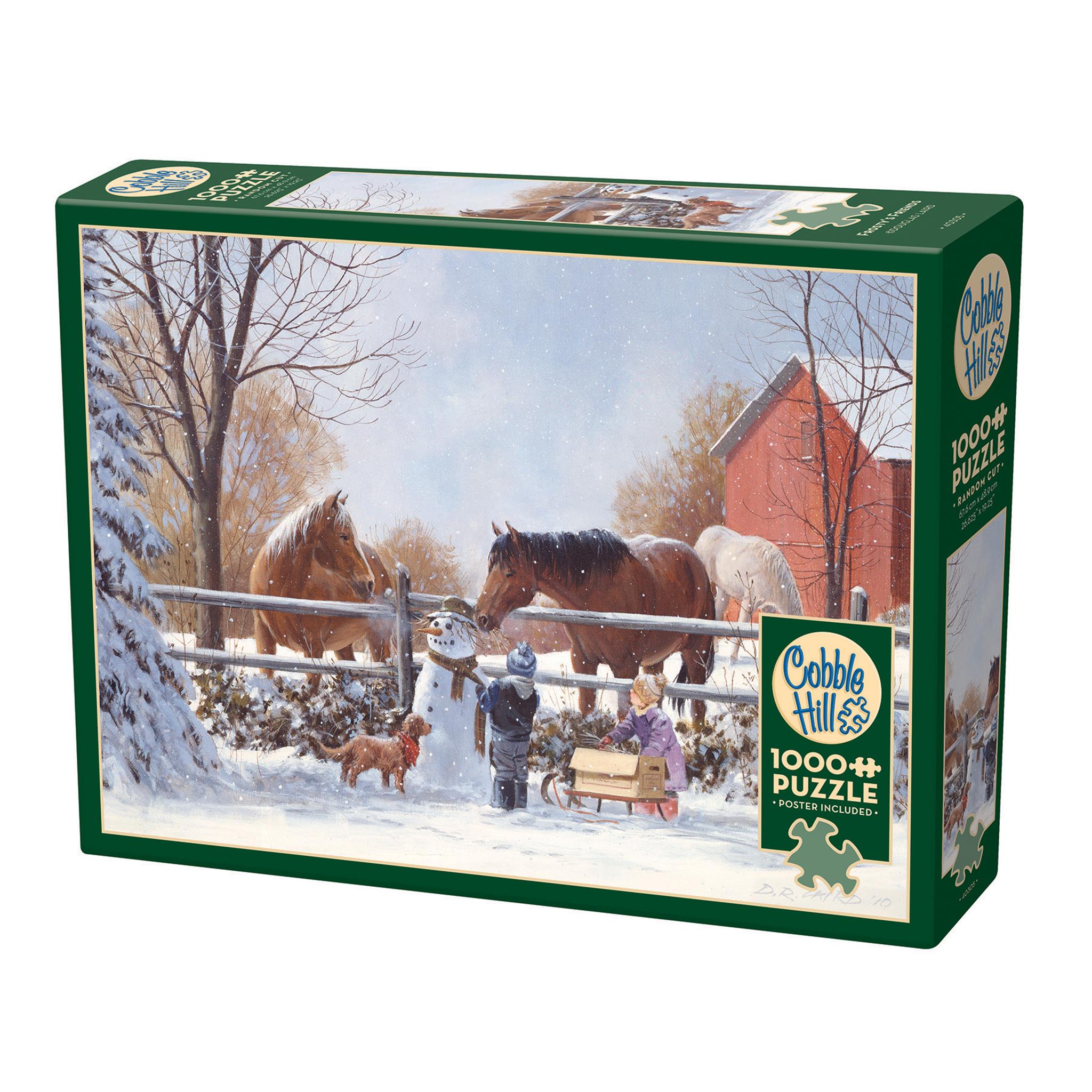 A 1000 piece Cobble Hill puzzle box featuring an illustration of horses and children building a snowman in a snowy winter scene.
