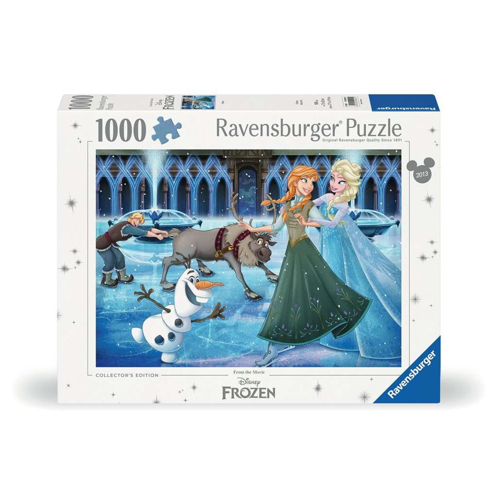A 1000 piece Ravensburger puzzle jigsaw depicting characters from the movie Frozen, including Elsa, Anna, Olaf, Kristoff, and Sven, on a blue background.