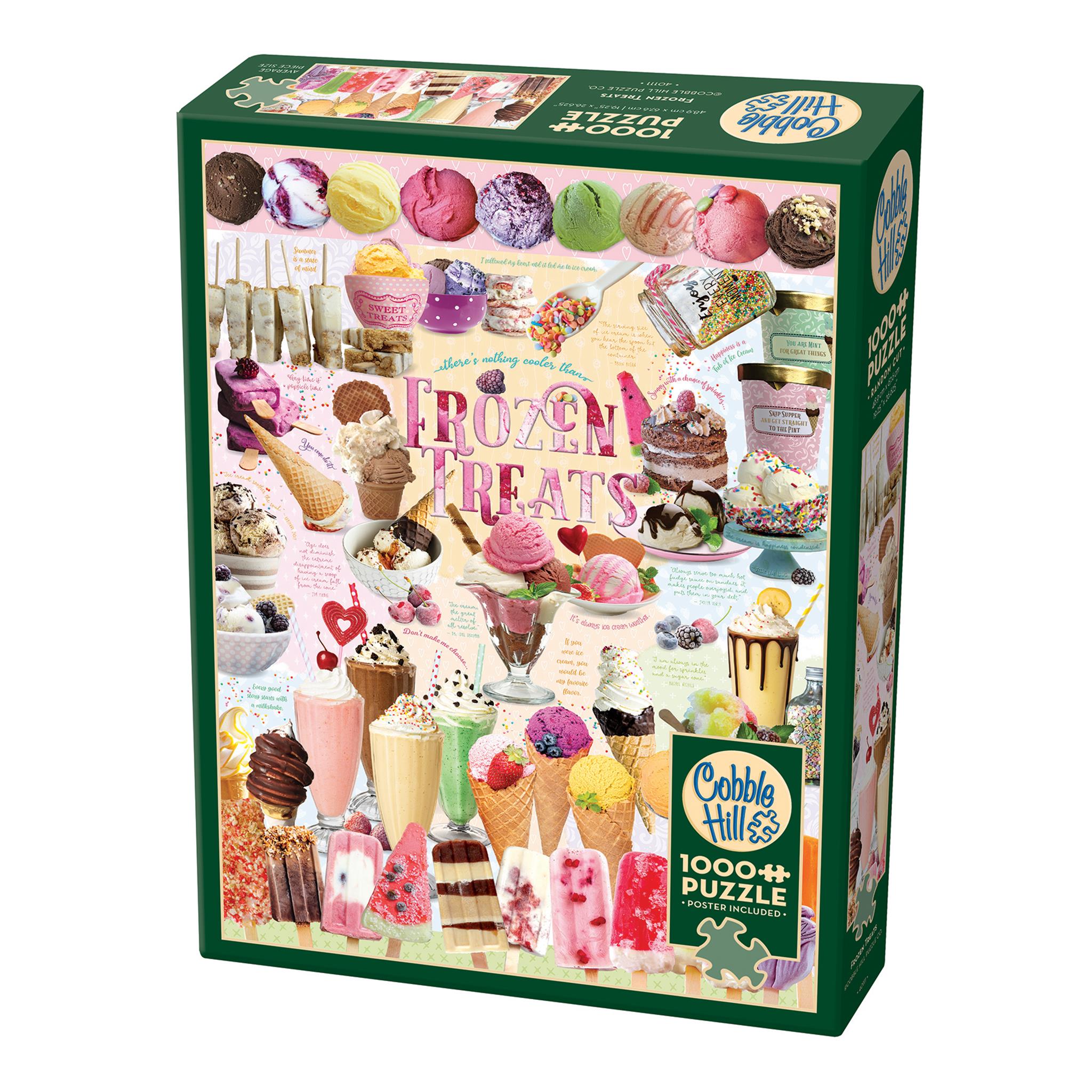 A puzzle box with an image of various frozen treats like ice cream, gelato, and popsicles, with the brand Cobble Hill visible on the packaging.