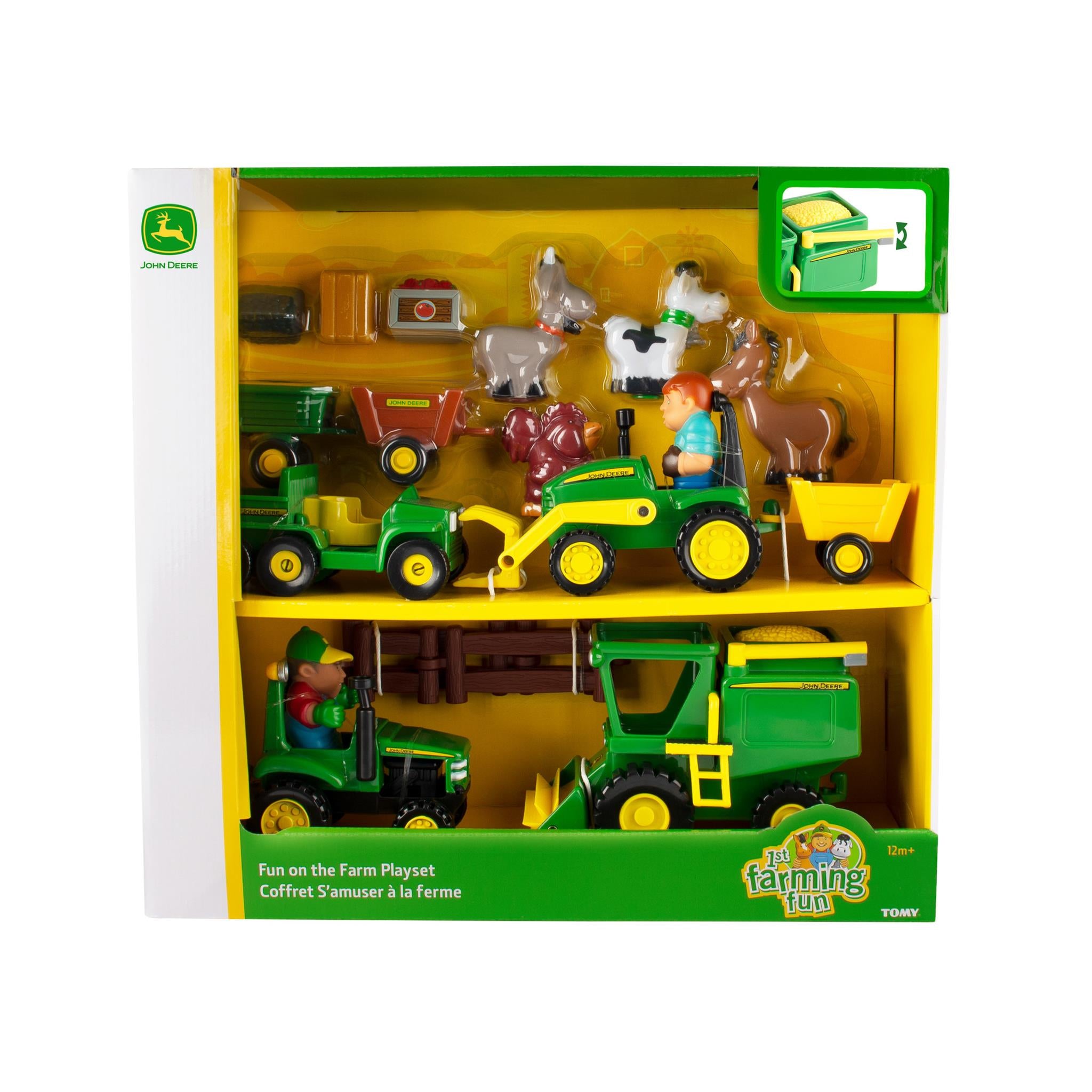 A packaged toy playset called 'Fun on the Farm' by TOMY, featuring various green and yellow farm vehicles and animals.