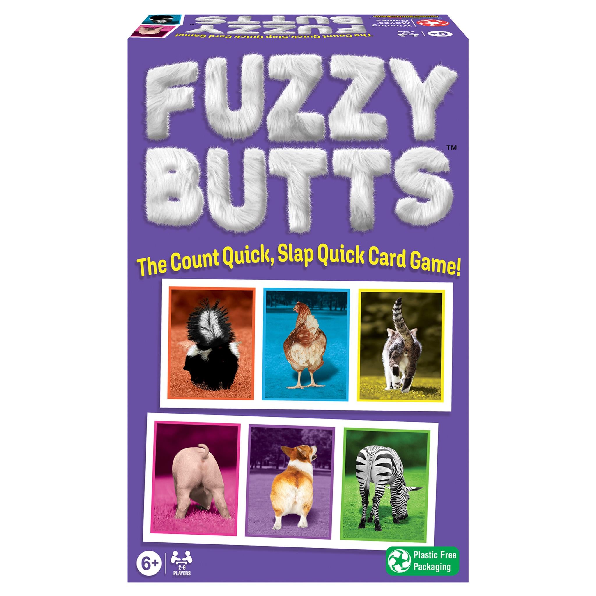 The product image shows the packaging of the Fuzzy Butts card game, featuring images of an llama, bear, and zebra with their butts highlighted, set against a purple background with the game's title in large, white letters.
