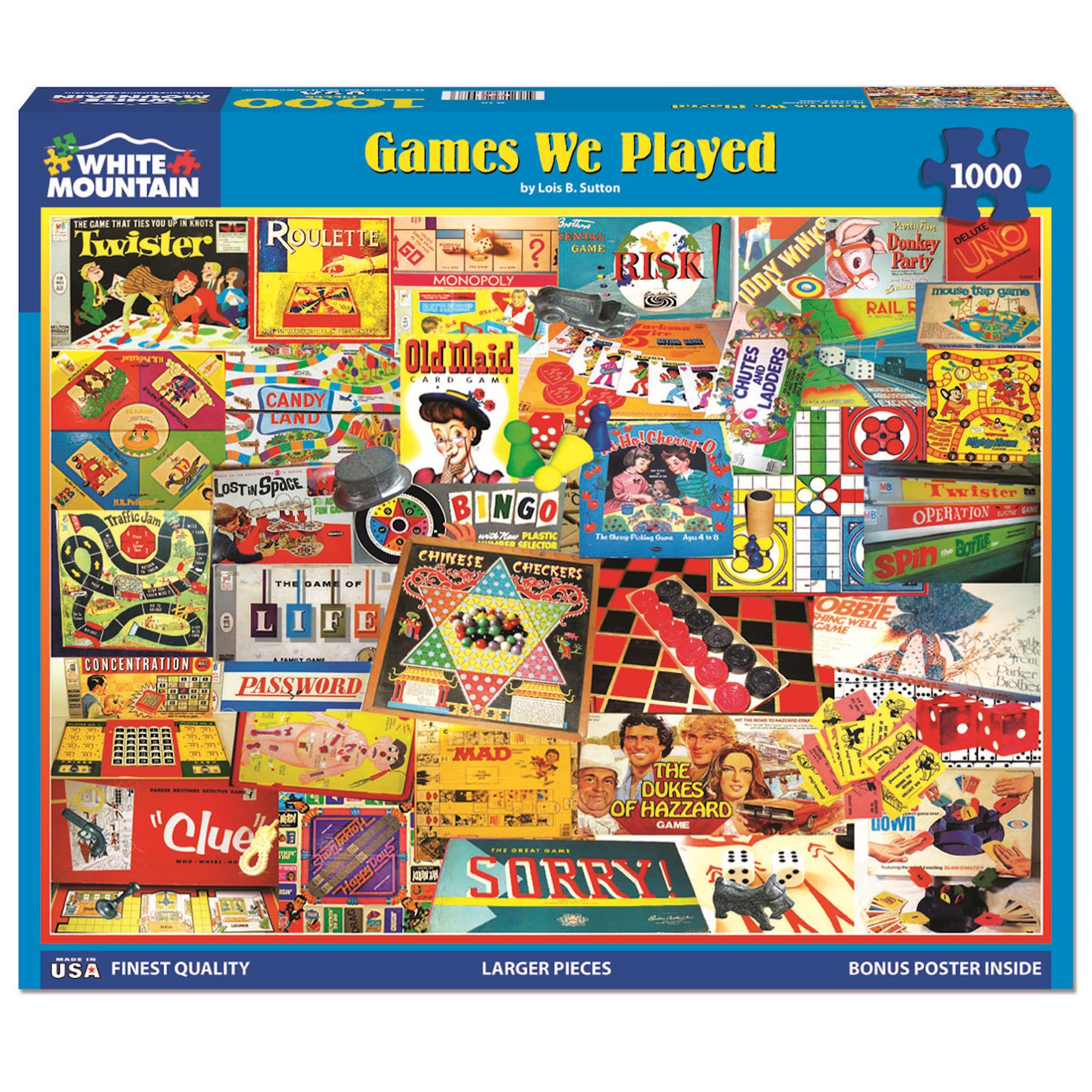 A 1000 piece jigsaw puzzle box featuring various nostalgic board games and puzzles in a collage design.