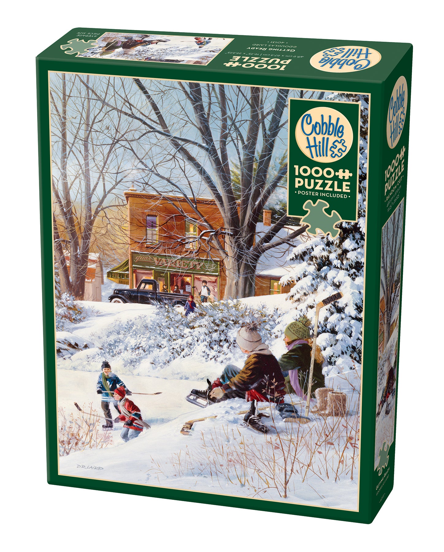 A 1000 piece Cobble Hill puzzle box featuring an illustrated winter scene with a children skating and the local variety store in the background.