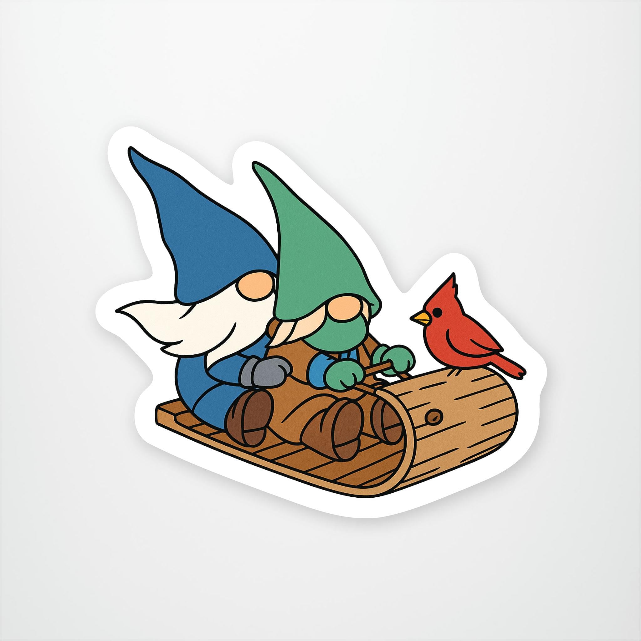 2 gnomes seated on a wooden toboggan with a red cardinal on top of the sleigh