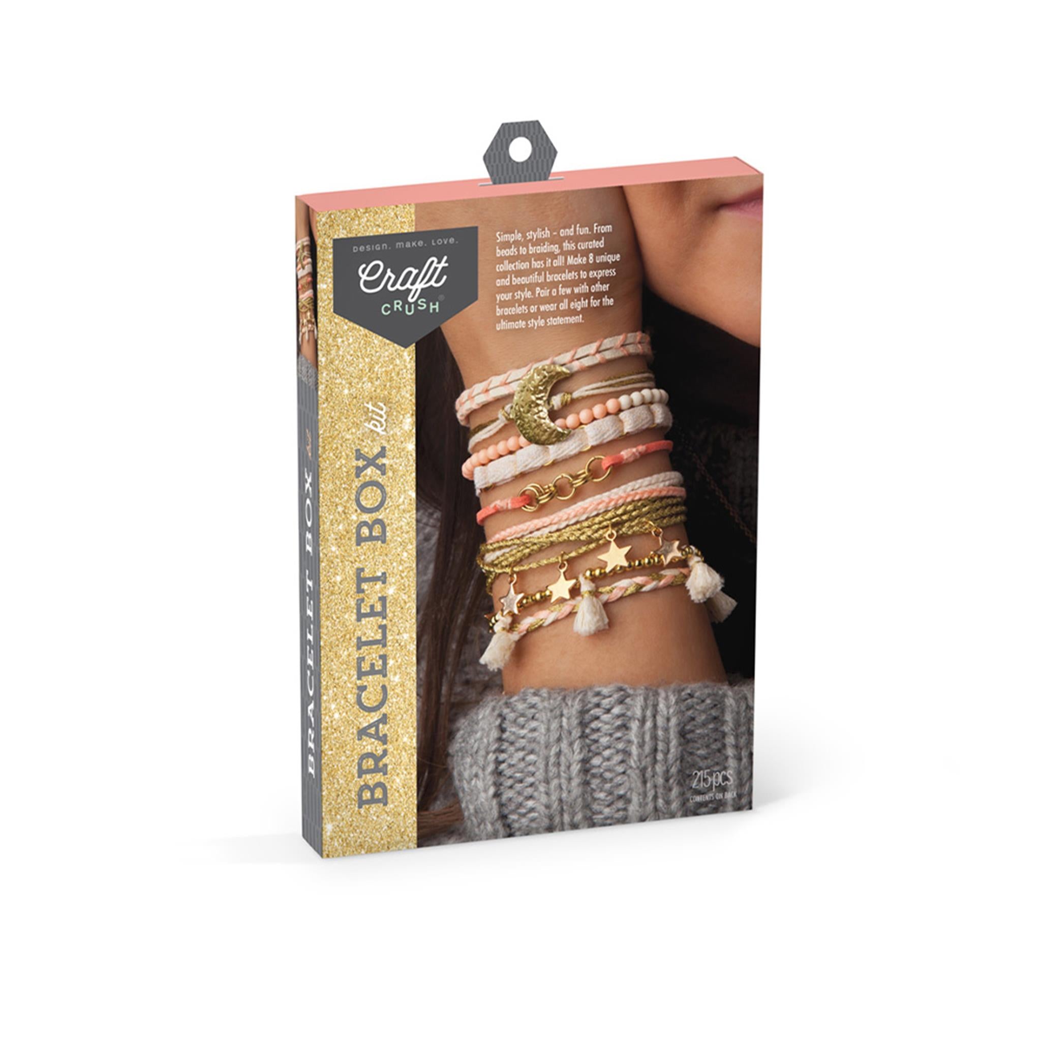 A packaged craft kit box displaying examples of gold-colored bracelets, with the text 'BRACELET BOX' visible on the packaging.