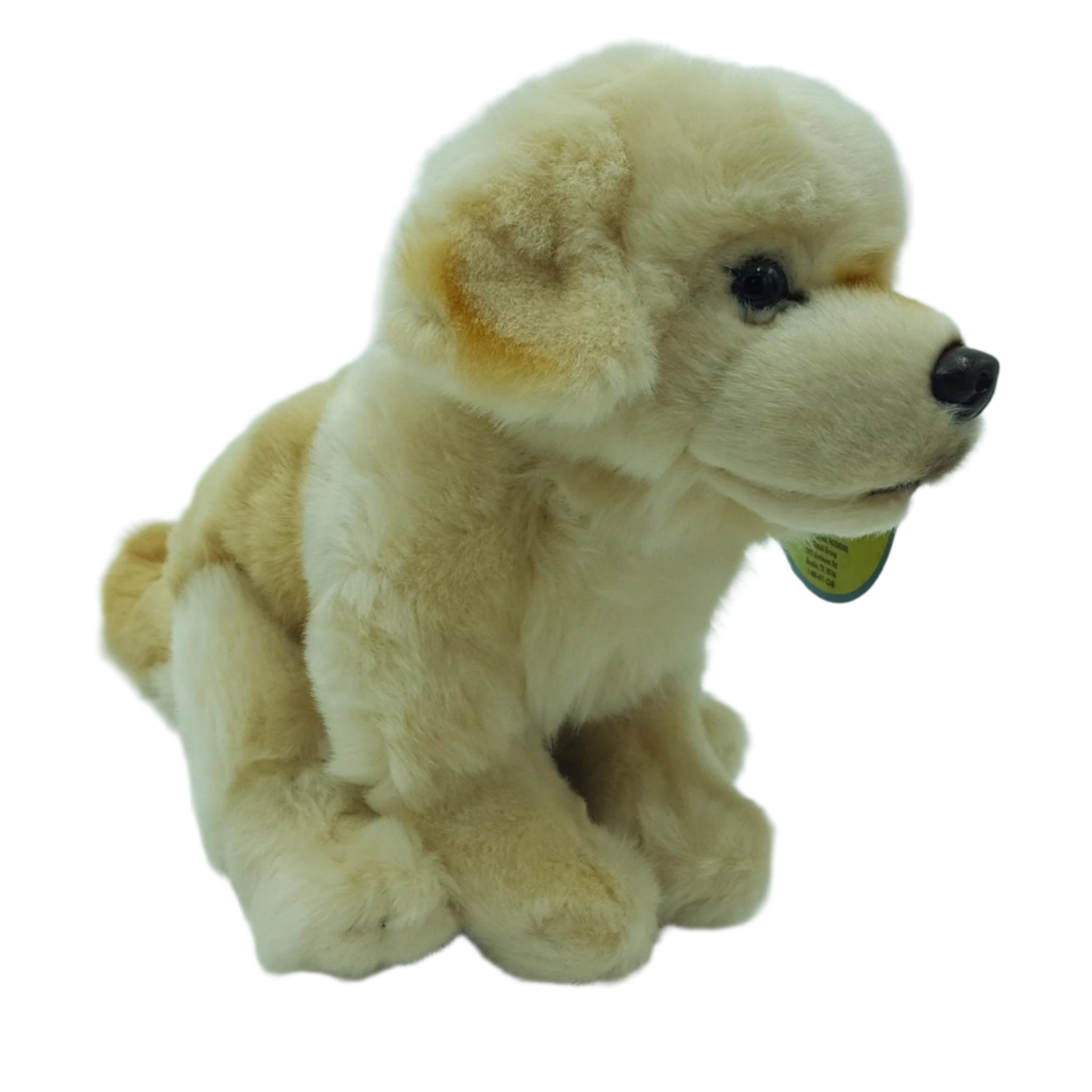 A plush Golden Retriever toy approximately 10 inches in size, sitting upright with a green collar.