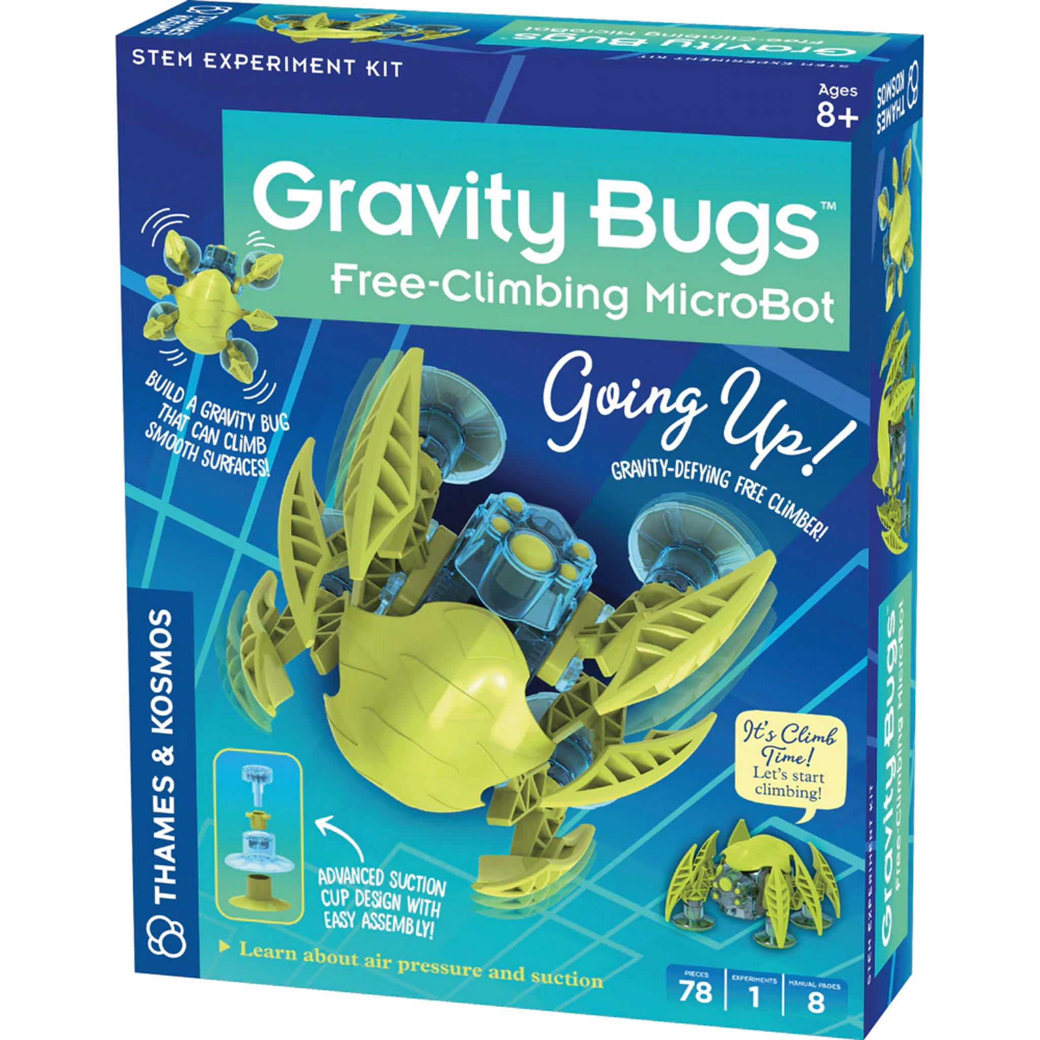 Packaging for Gravity Bugs Free-Climbing Microbot, showing a yellow and green robot on a blue background, with text and age recommendation.
