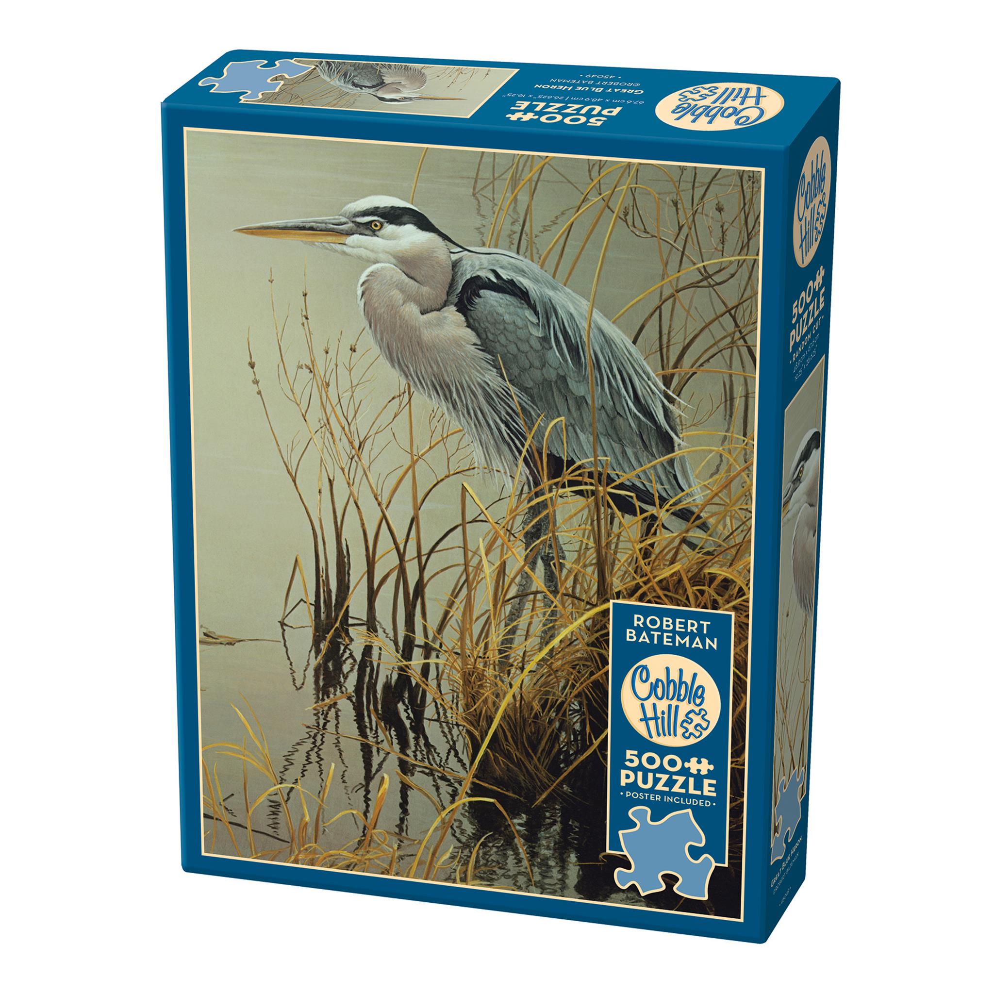 A 500 piece Cobble Hill jigsaw puzzle box featuring a painting of a Great Blue Heron bird by Robert Bateman.