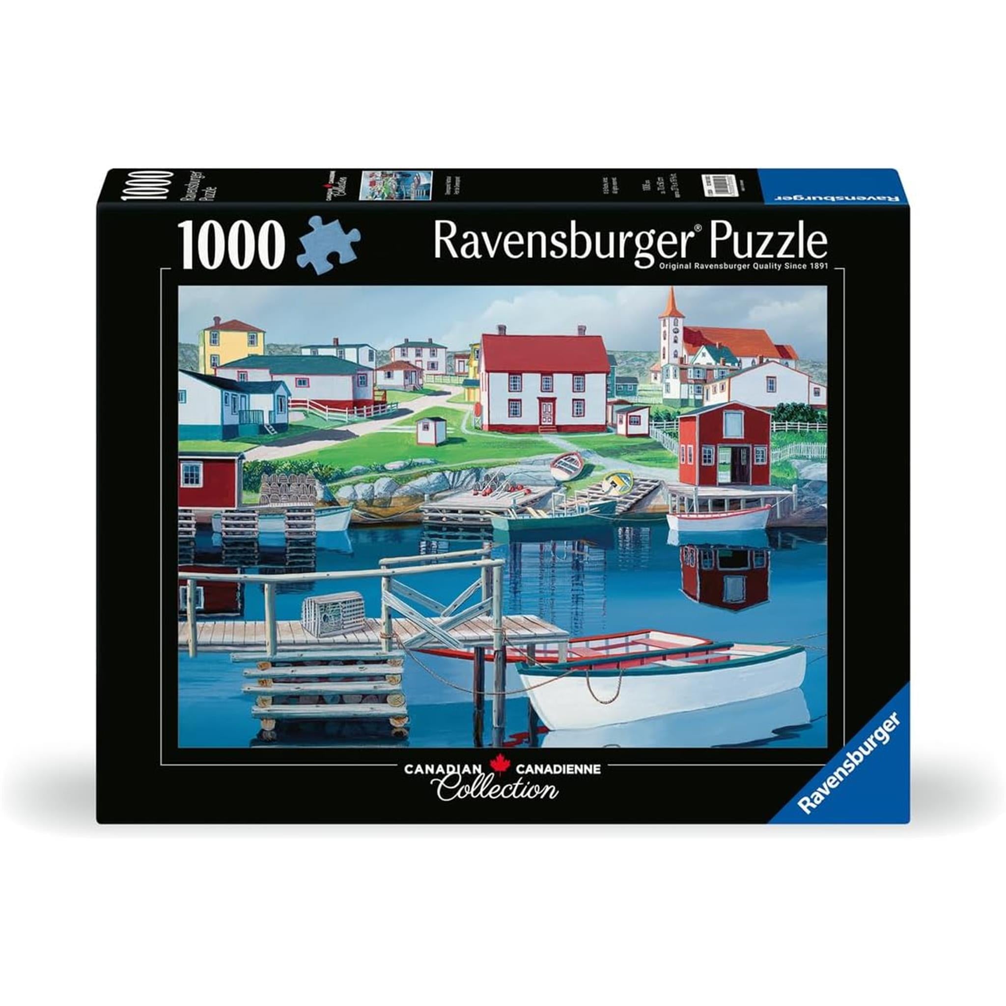 A 1000-piece Ravensburger jigsaw puzzle box featuring a vibrant image of Greenspond Harbor with a red and white lighthouse, blue sky, greenery, and a calm water setting.