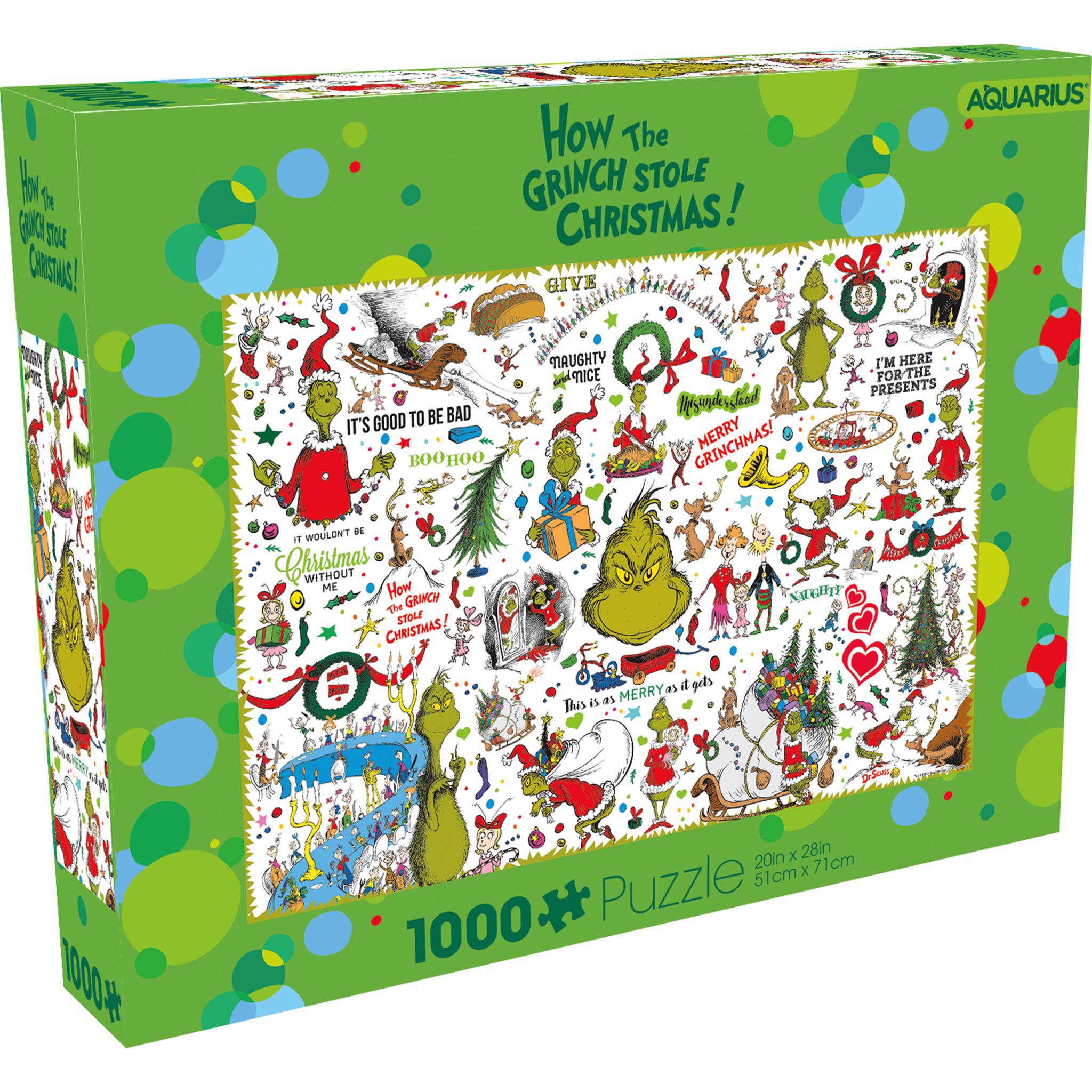 A 1000 piece puzzle box featuring characters from the 'How the Grinch Stole Christmas' cartoon with a green background and holiday motifs.