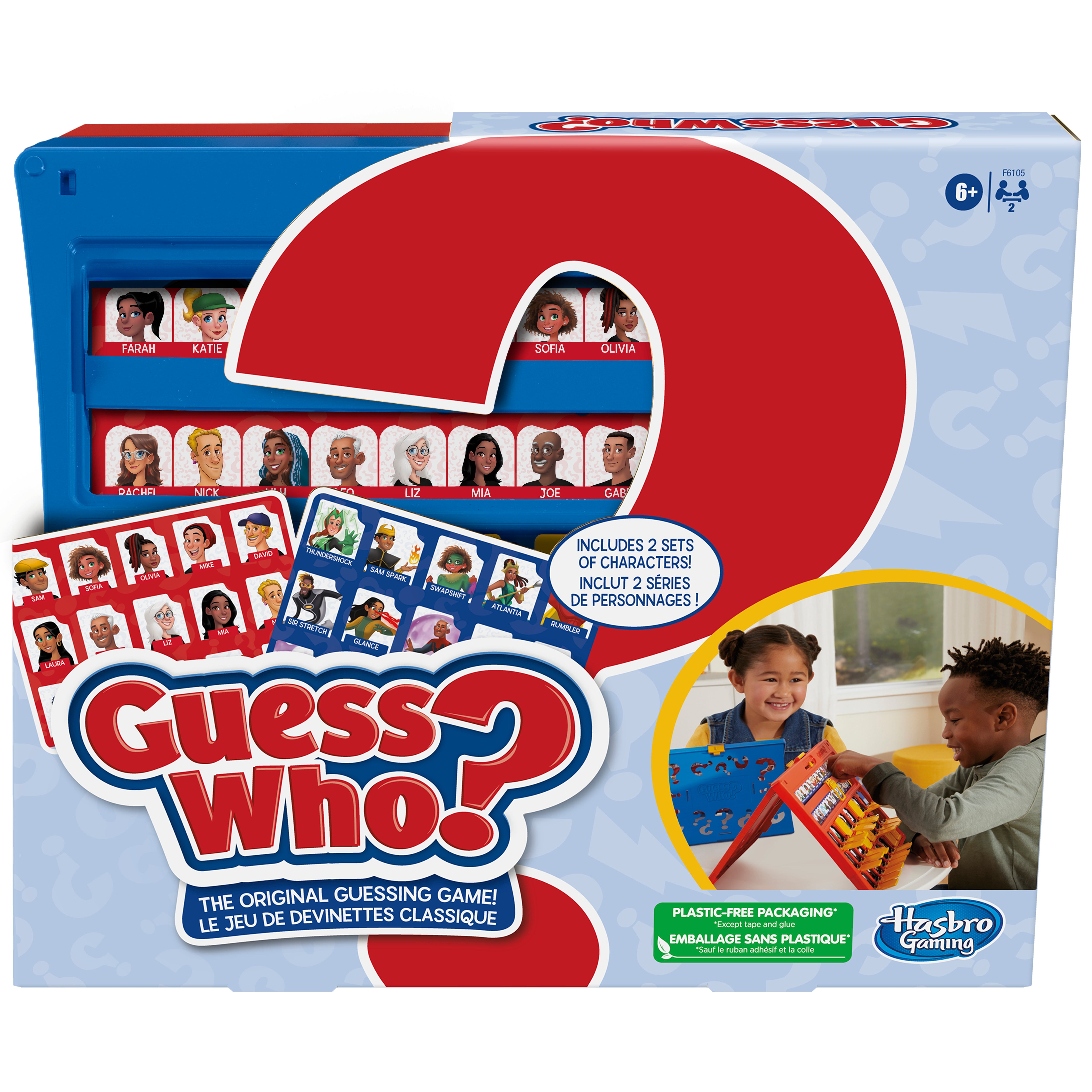 Box of the 'Guess Who?' board game featuring the game's title, an image of a child playing the game, and character cards visible through the box window.