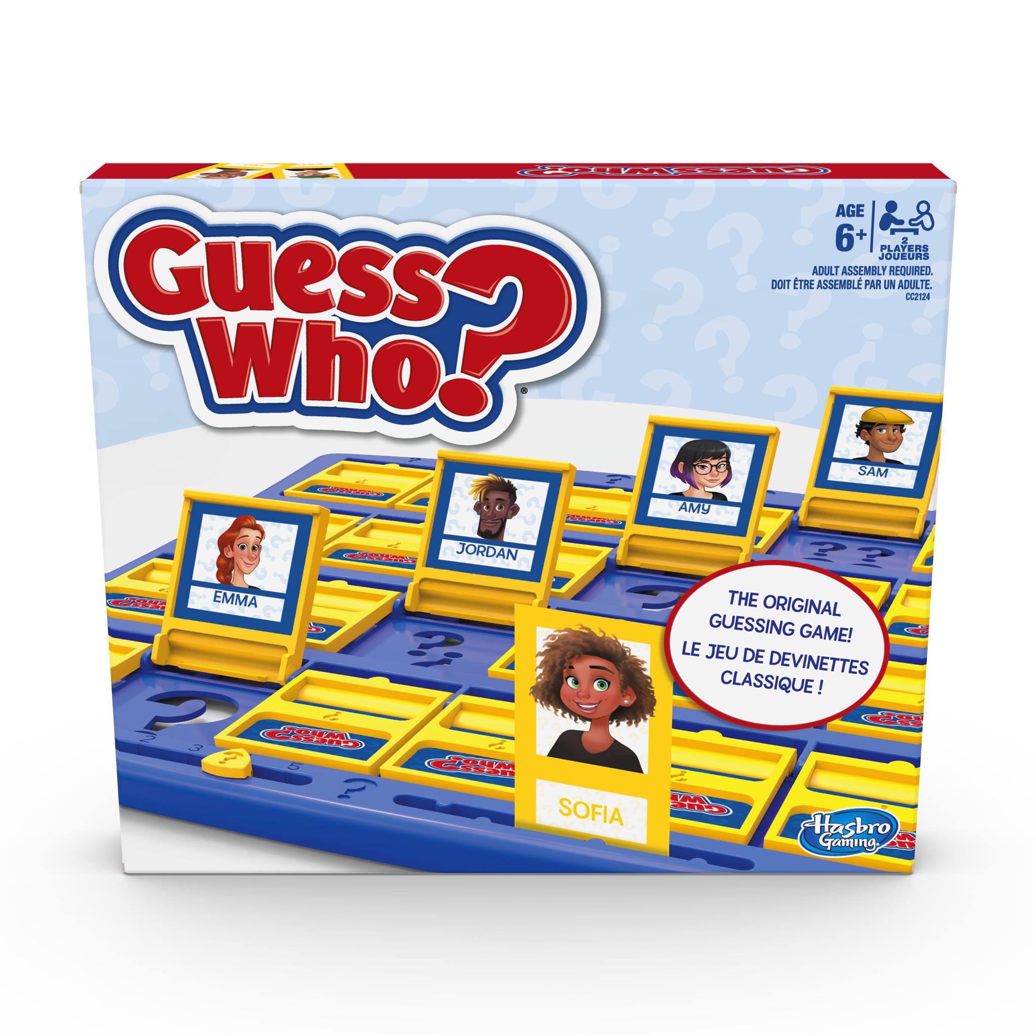 Board game 'Guess Who' with character cards and game pieces displayed, packaged in a blue and yellow box.