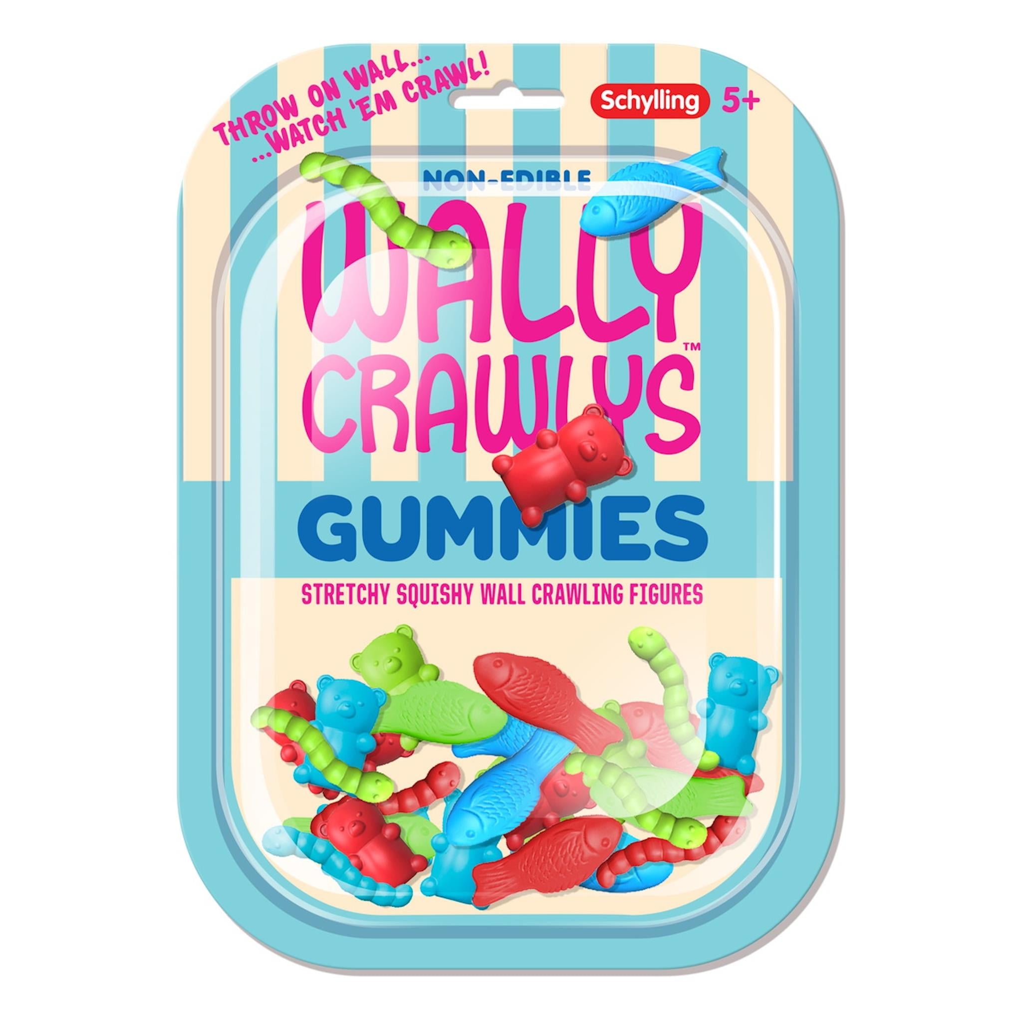 Packaging for Schylling's Wally Crawly Gummies, showing various colorful stretchy toy figures in a clear plastic container with blue accents.