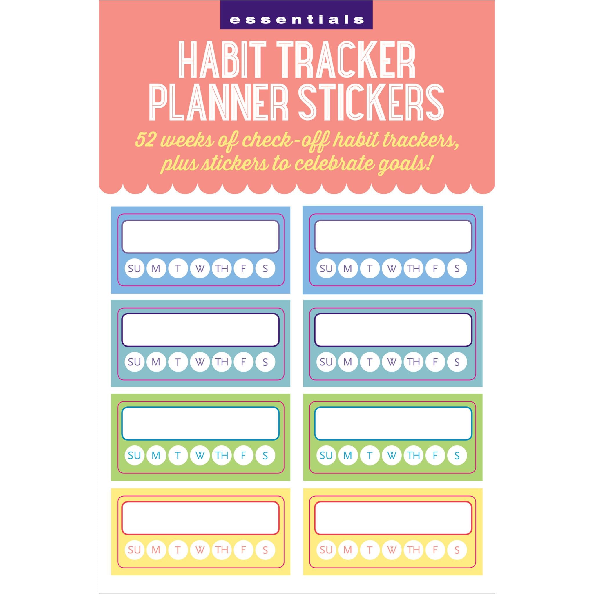 A package of Habit Tracker Planner Stickers containing 52 check-off stickers for tracking habits, with additional designs for celebrations.