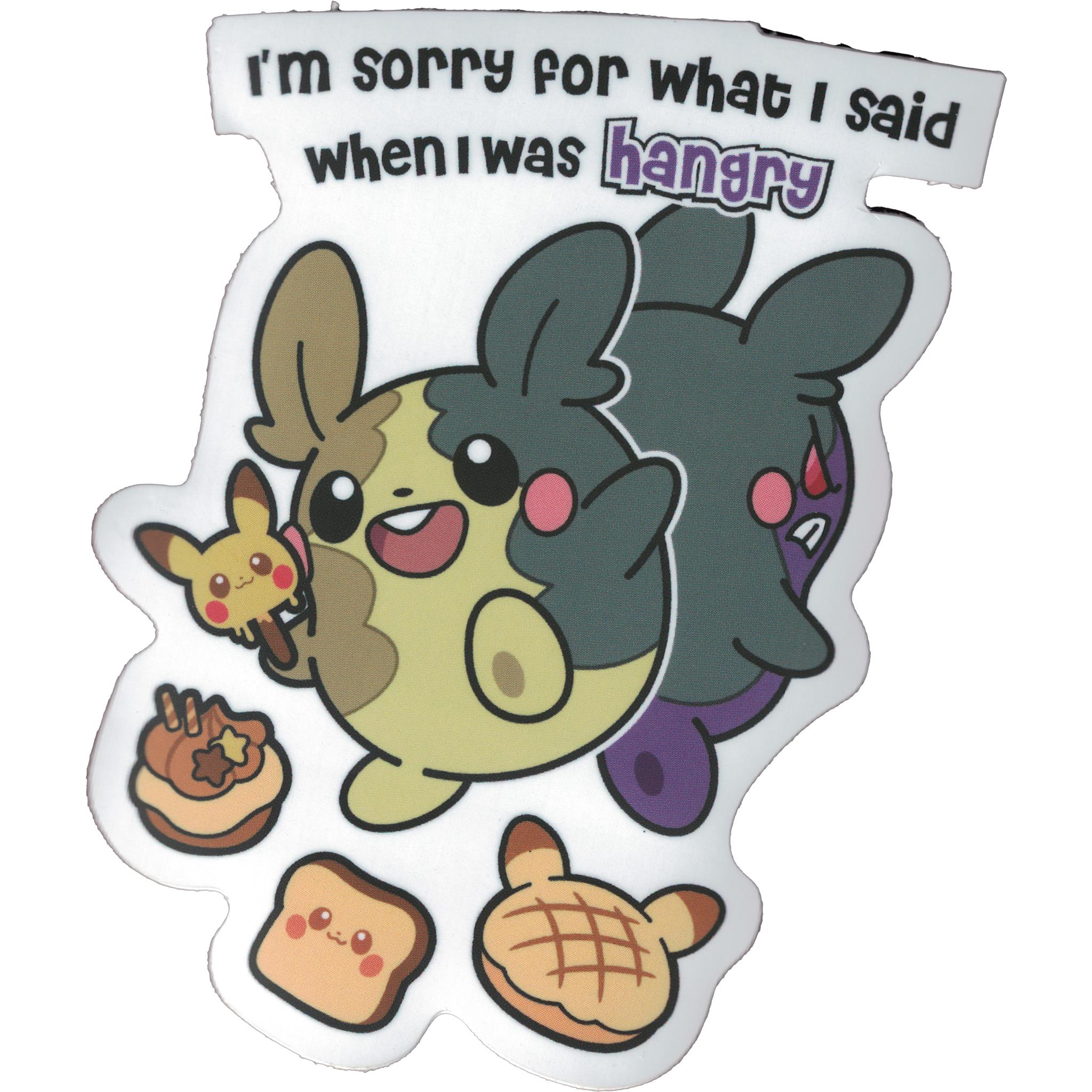 A vinyl sticker featuring a cartoonish character with a expression of regret, accompanied by a text 'I'm sorry for what I said when I was hangry.' There are illustrations of food items like a sandwich and a donut, suggesting a playful, hungarian-themed design.