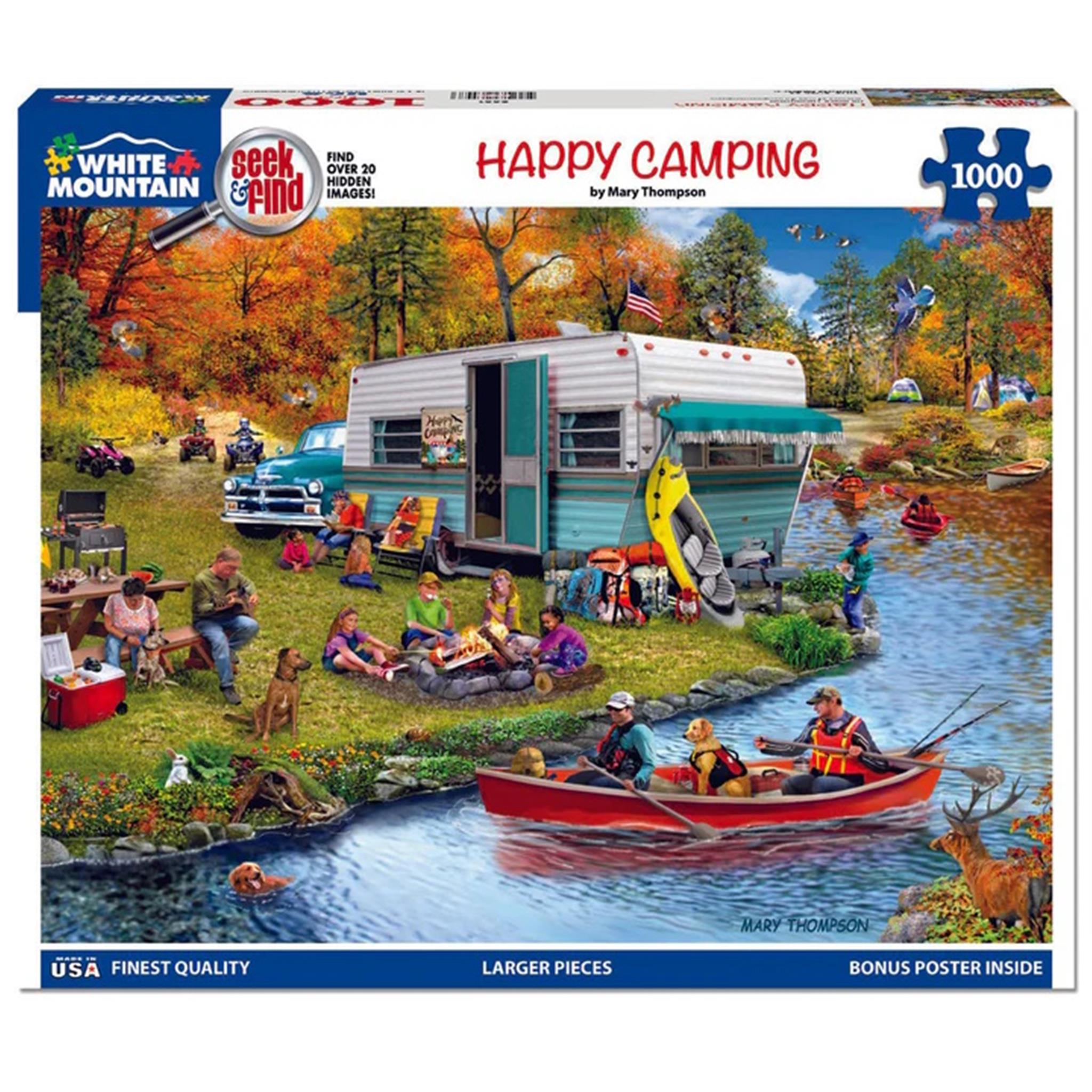 Seek and find puzzle with multi family camp grounds. Trailers, creeks people and pets with artwork from Mary Thompson. Plus Over 20 hidden images to find.