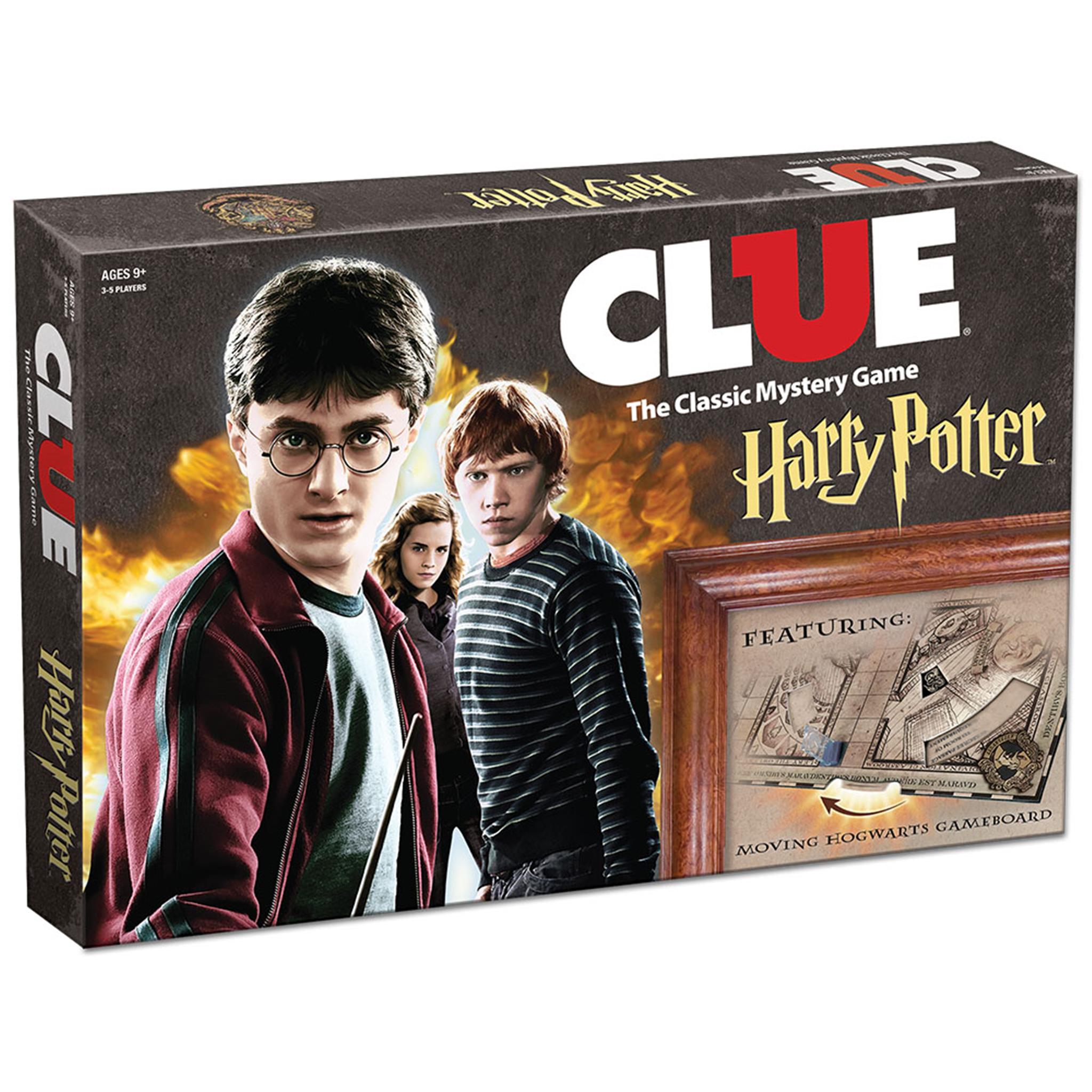 Box cover art for Clue: Harry Potter Family Board Game featuring characters from the Harry Potter series on the board game.
