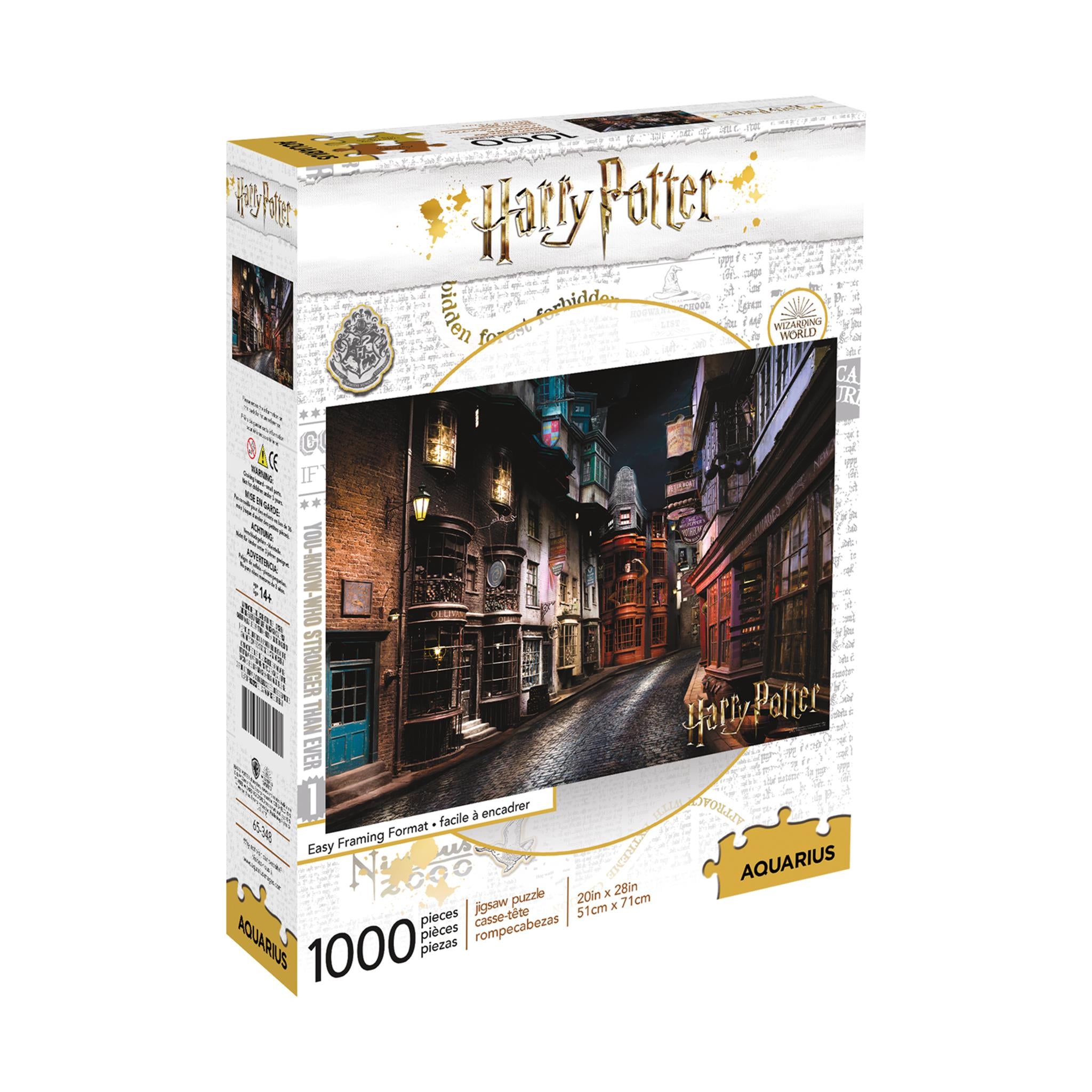 A 1000 piece jigsaw puzzle box featuring an image of Diagon Alley from the Harry Potter series.