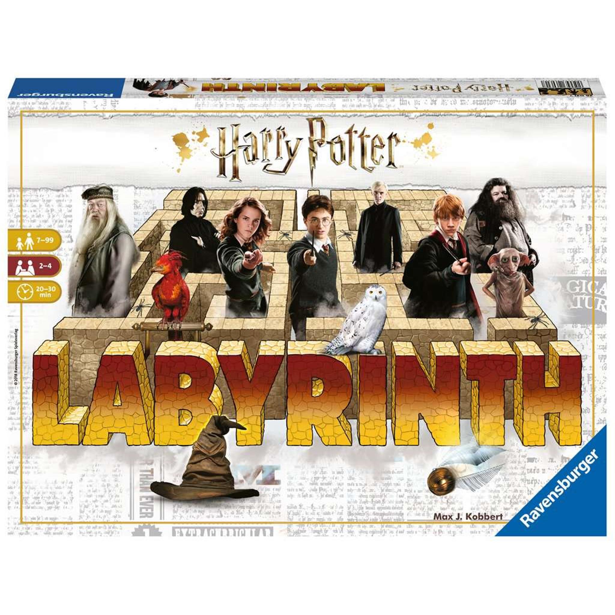 Board game cover for Harry Potter Labyrinth featuring character illustrations from the Harry Potter series including Harry, Ron, Hermione, Dumbledore, Hagrid, and Hedwig.