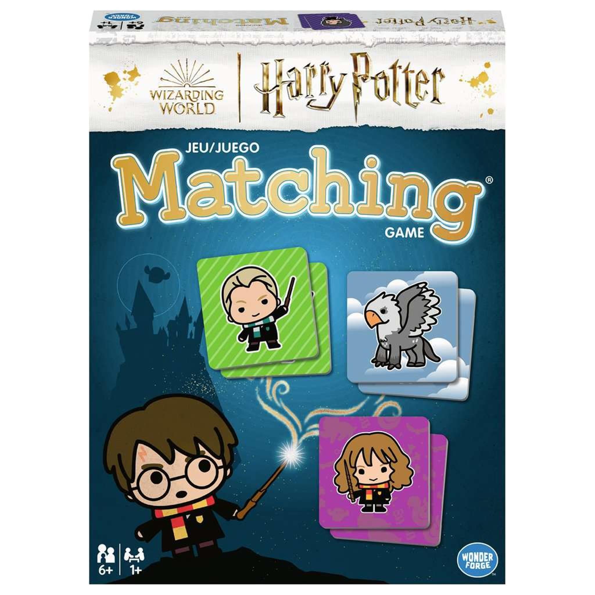 Packaging for the Harry Potter Matching Game featuring illustrations of characters like Harry, Ron, Hermione, and Draco from the Harry Potter series.
