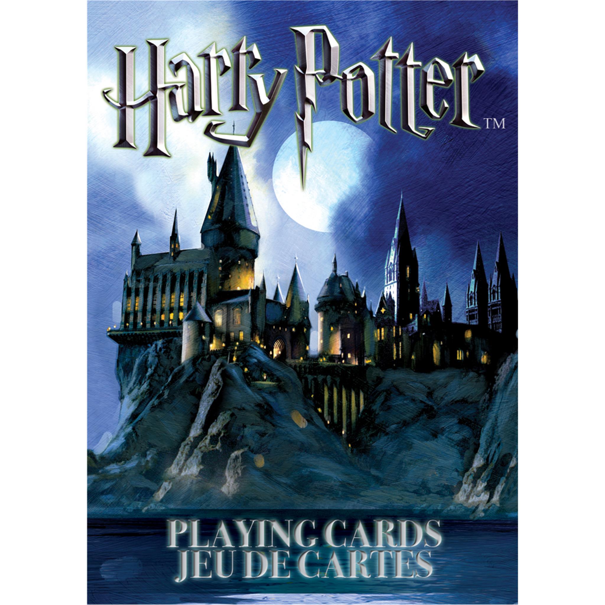 Harry Potter themed playing cards box featuring the Hogwarts castle at night with a full moon.