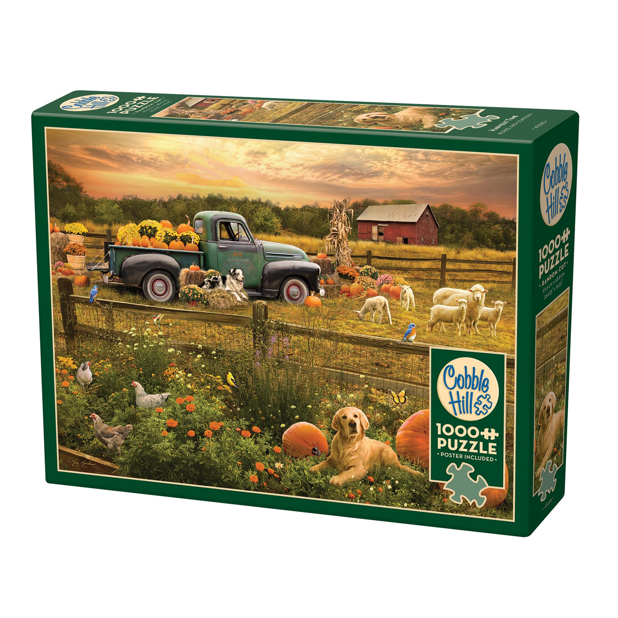 A 1000 piece Cobble Hill jigsaw puzzle box featuring a farmyard scene with a truck, pumpkins, and farm animals.