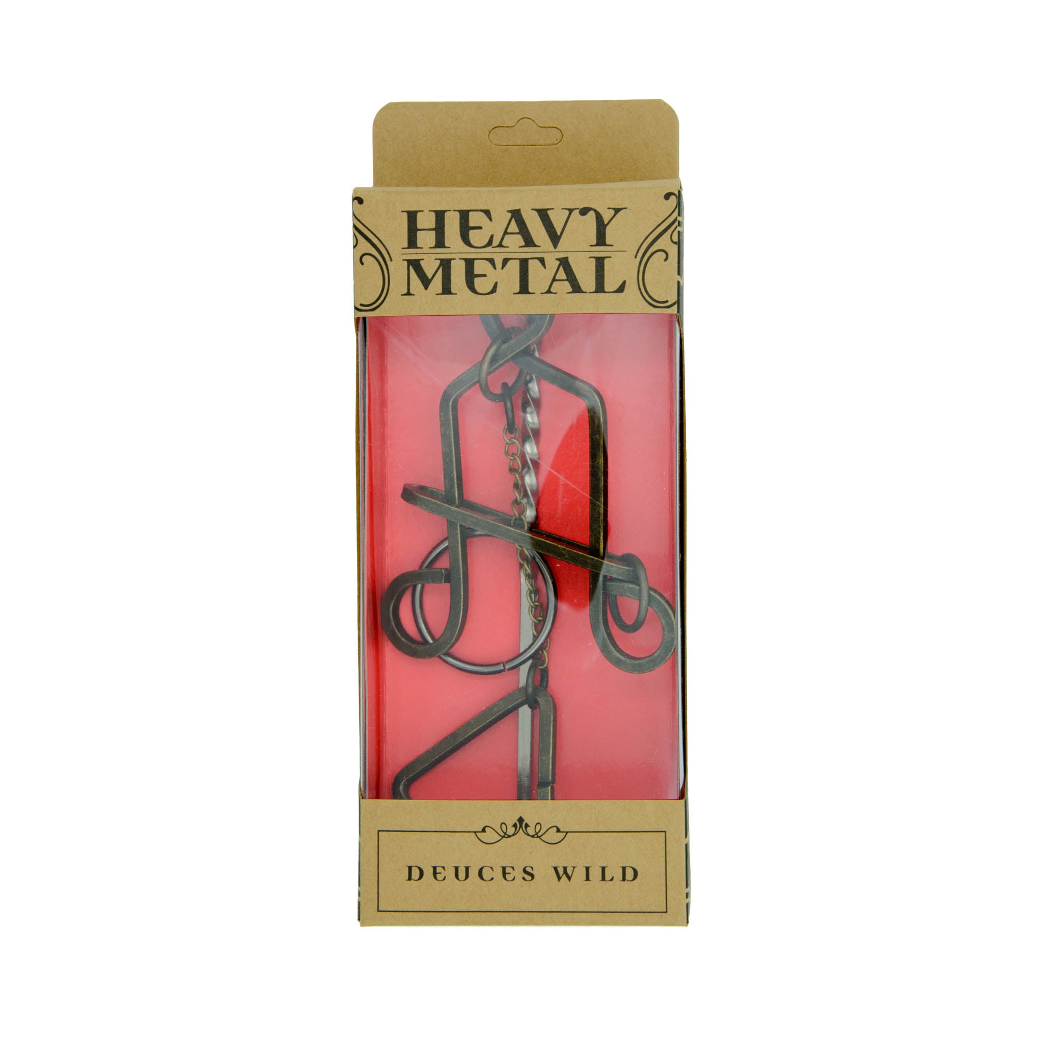 A metal puzzle toy named 'Heavy Metal Deuces Wild' packaged in a box with a red background. The puzzle appears to be complex, likely made of interlocking metal pieces.