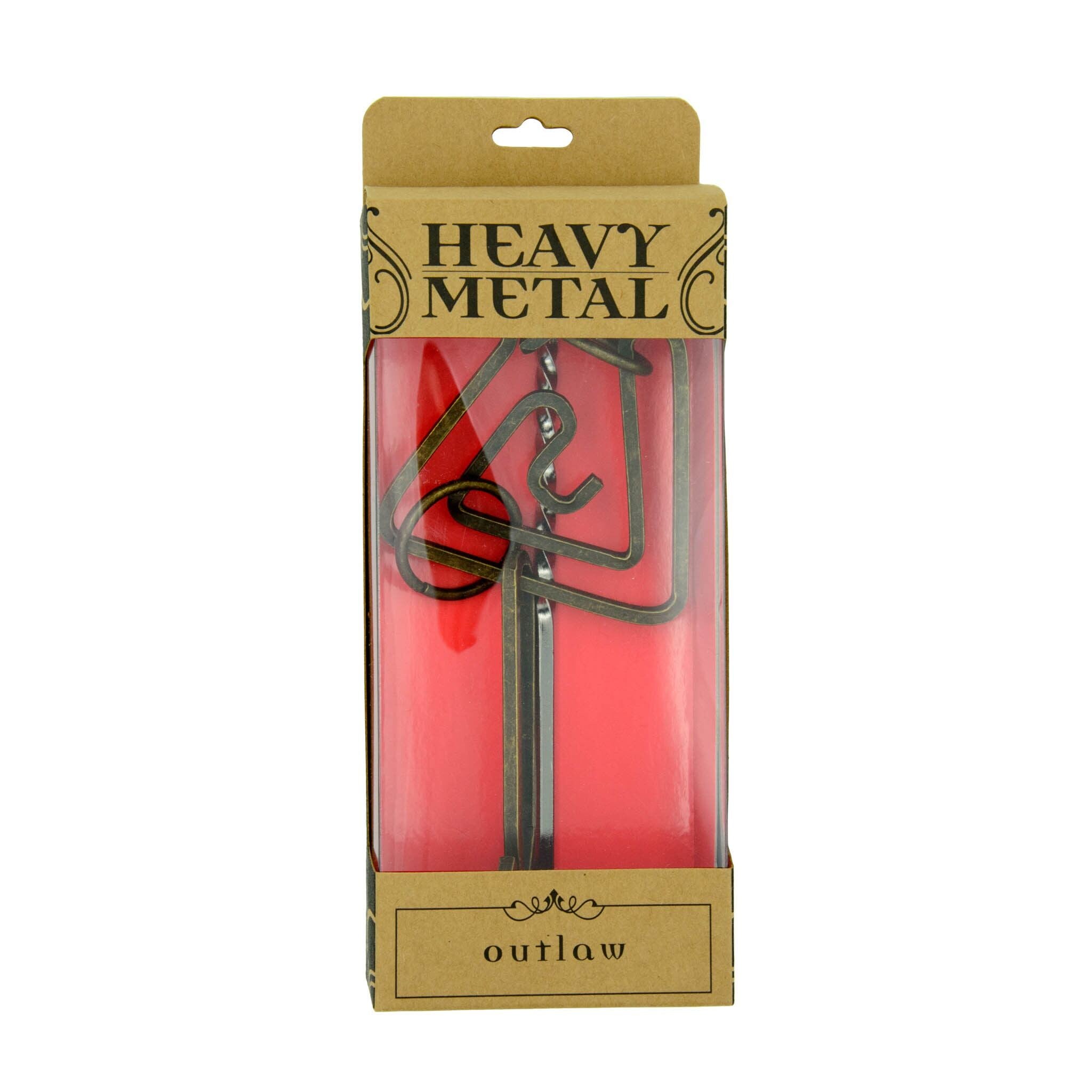 Packaged Heavy Metal Puzzle Outlaw game displayed in a clear plastic box with a red background, featuring a metal puzzle mechanism.