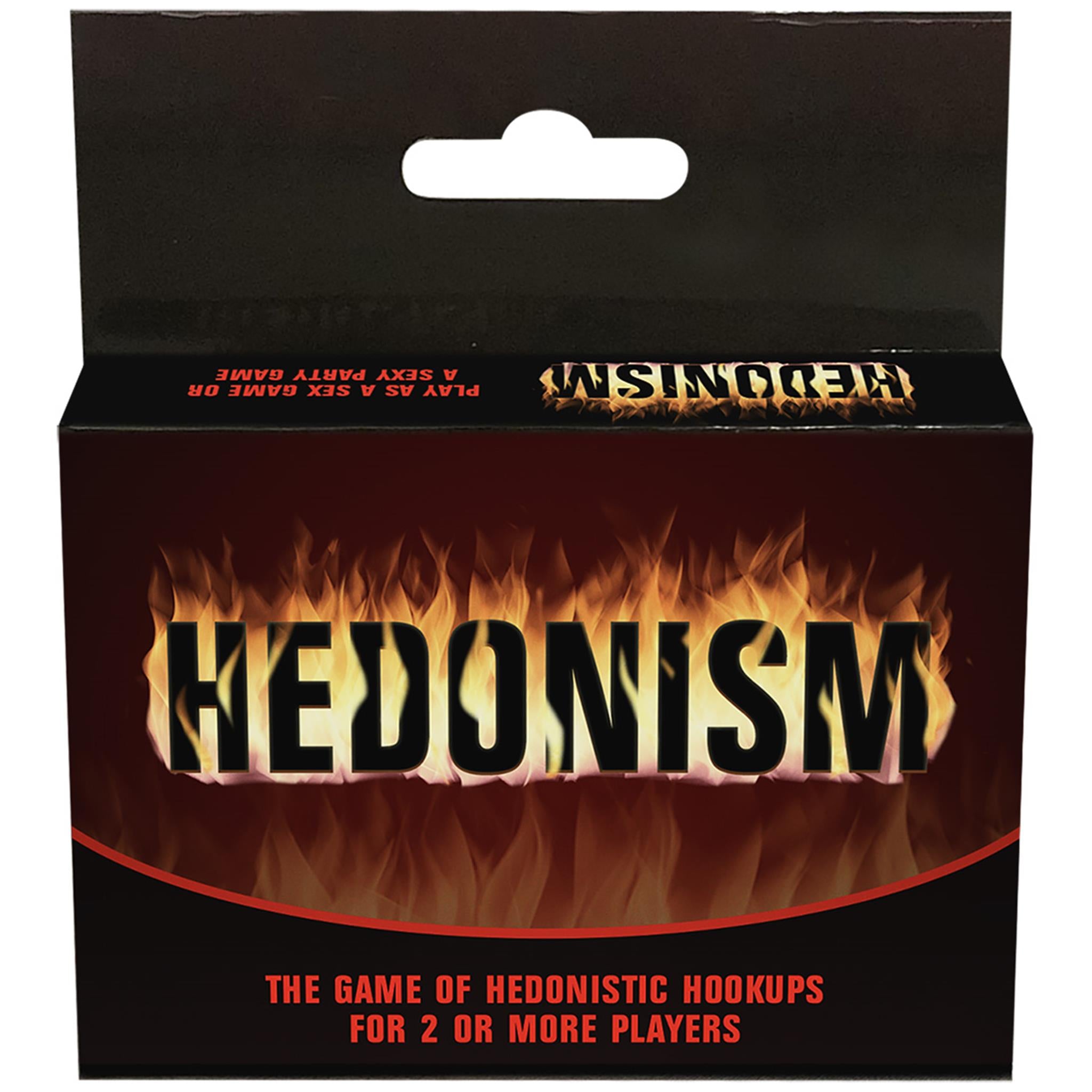 This image displays the packaging for the "Hedonism Card Game," a playful and provocative party game designed for adult players. The box features a bold, flame-engulfed design with the game's title prominently displayed in large, enticing letters.