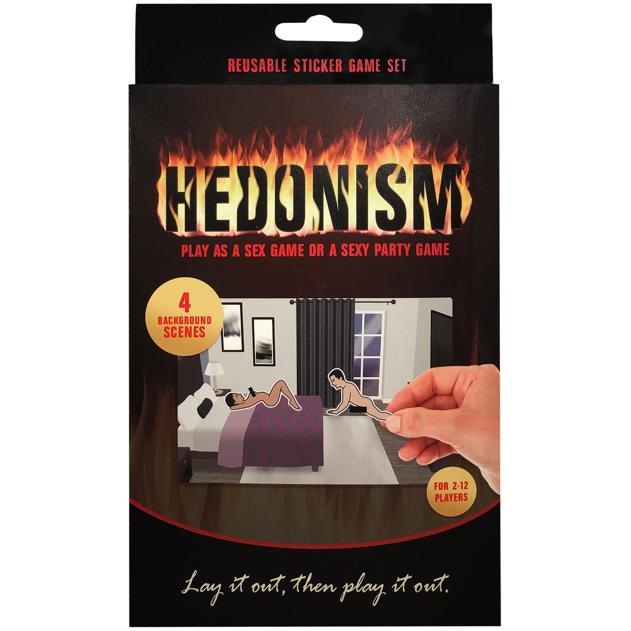 The image displays the packaging of the "Hedonism Game Set," a reusable sticker game designed for either sex or party gameplay. The box features a bold, graphic design with a phrase encouraging interaction, set against a dramatic, fiery background.