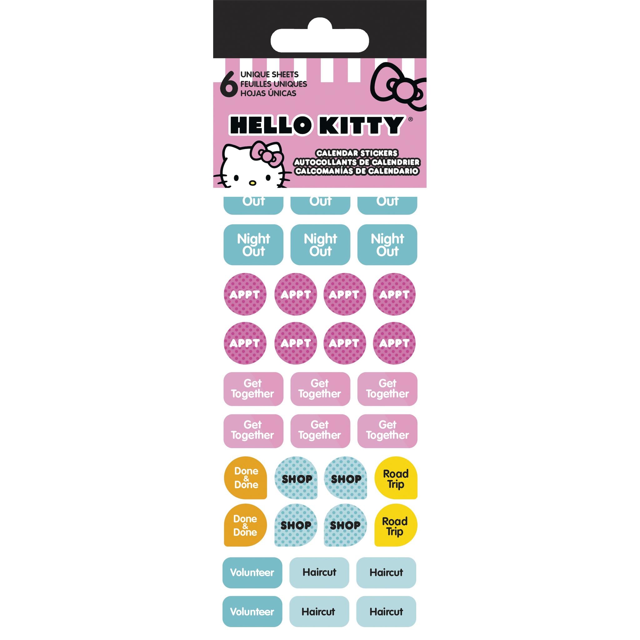 A package of Hello Kitty themed reminder stickers with six unique sheets, featuring various occasions such as 'Night Out', 'Appointments', and 'Shop'.