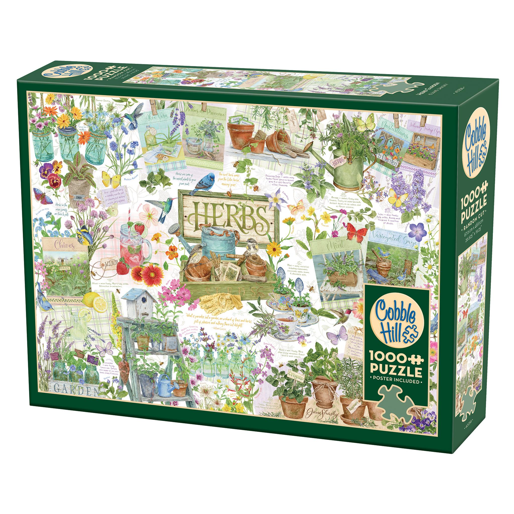 A 1000 piece Cobble Hill jigsaw puzzle box featuring a colorful illustration of various herbs and garden elements.