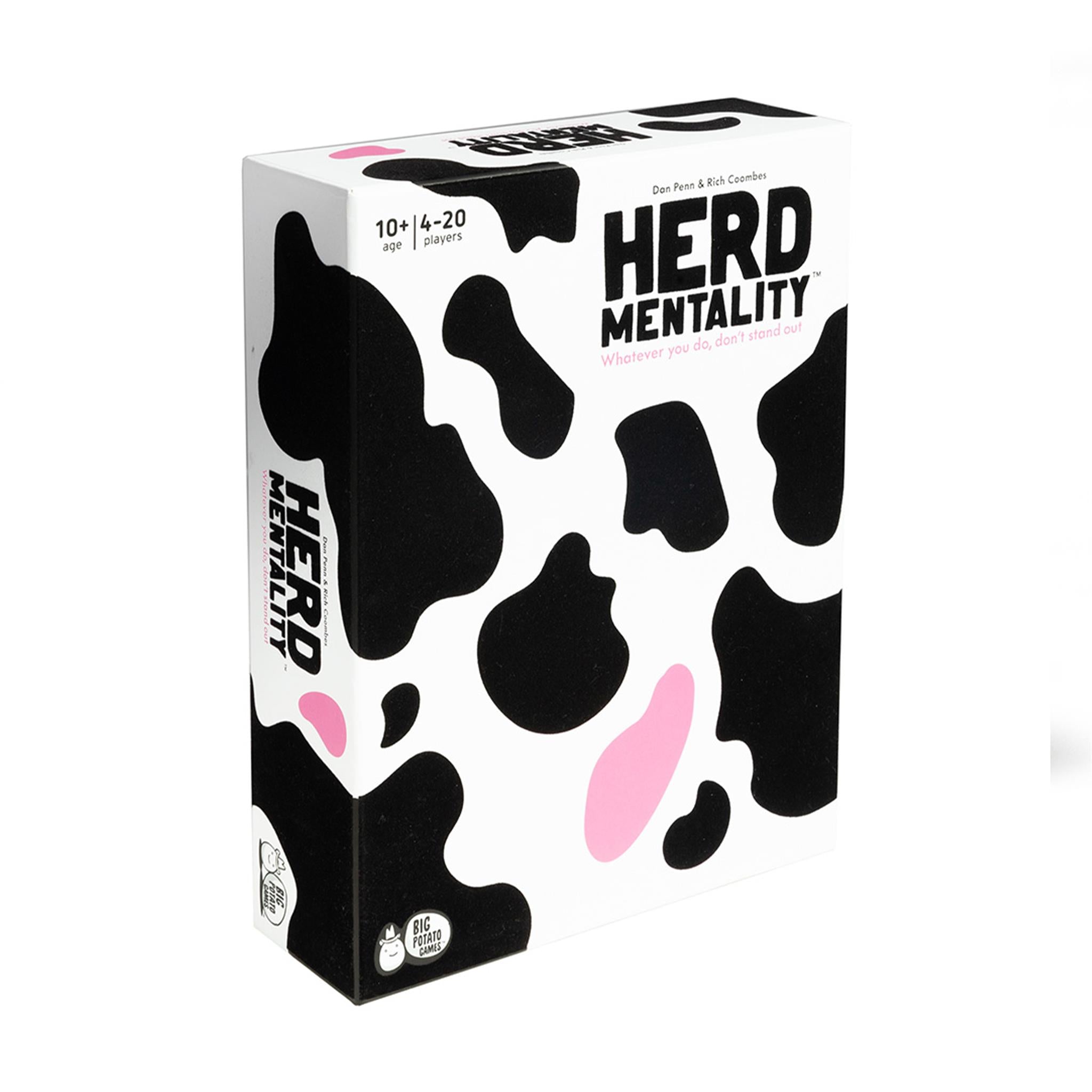 Boxed party game 'Herd Mentality' with black and white cow print design