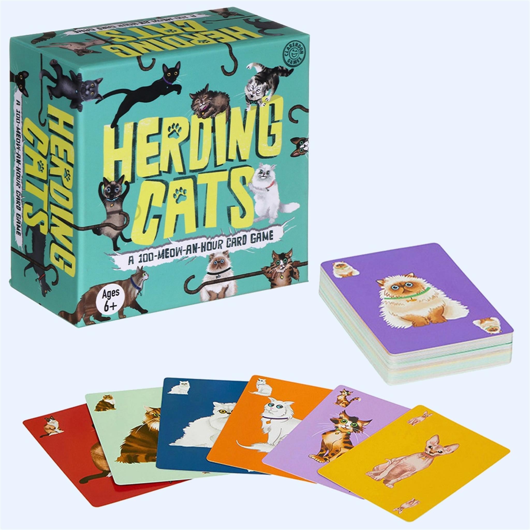 The image shows the card game 'Herding Cats' with its packaging and a selection of cards featuring cartoon cats.