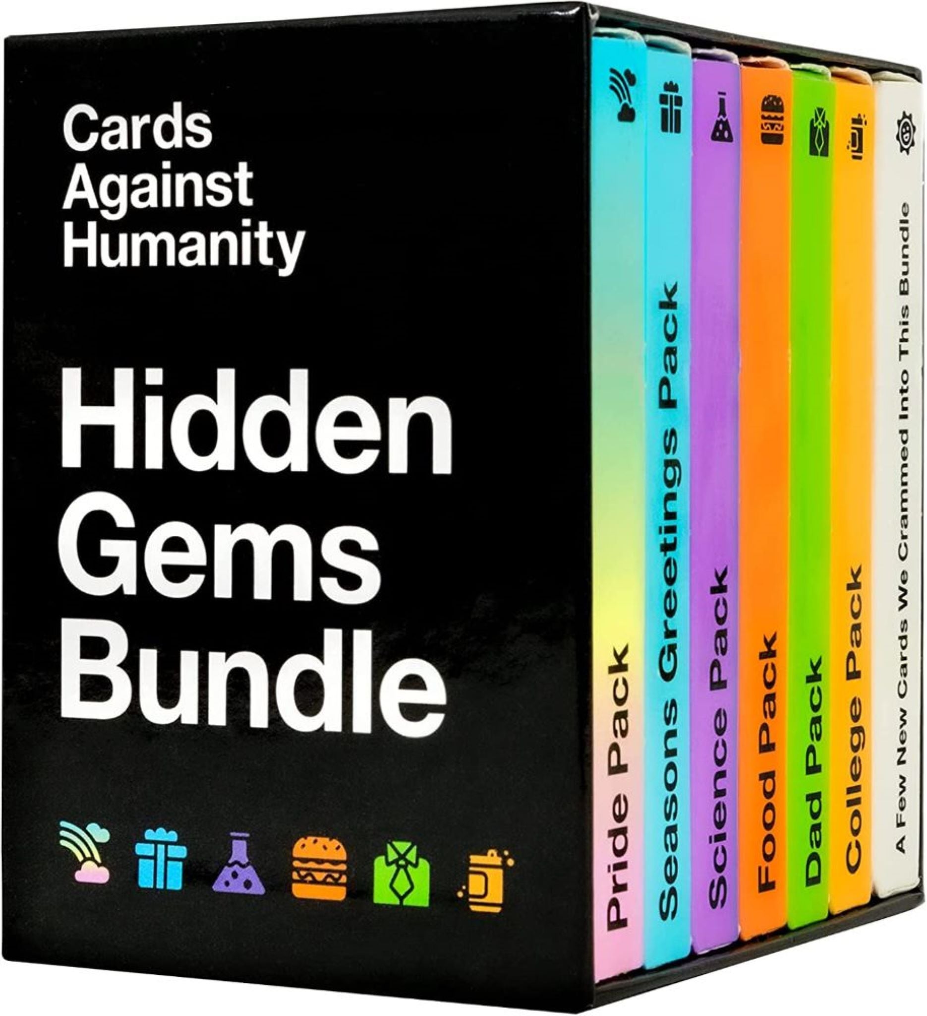 The image shows a boxed set of the Hidden Gems Bundle for the game Cards Against Humanity, featuring six different themed packs with colorful packaging.