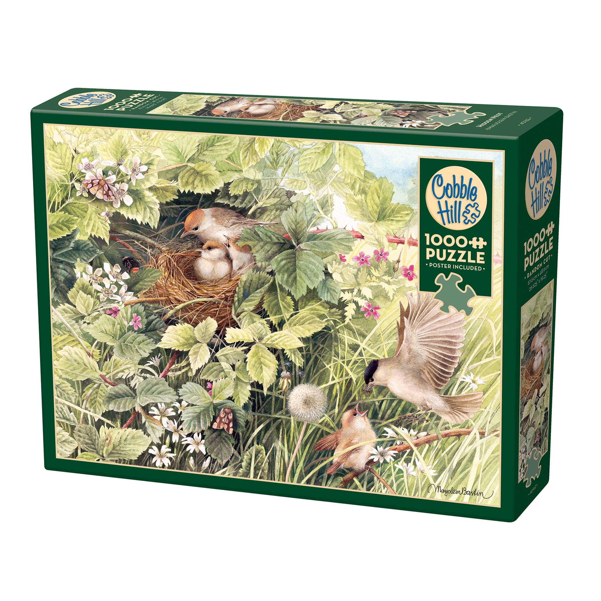 A 1000 piece Cobble Hill jigsaw puzzle box featuring a bird hidden in a garden setting, with green leaves and a bird perched.