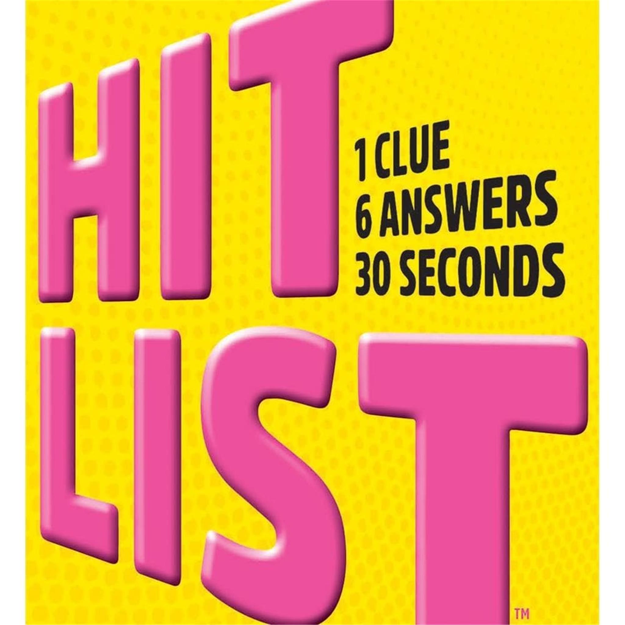 Packaged game Hit List. Pink letters on a yellow background stating 1 clue, 6 answers, 30 seconds in black text