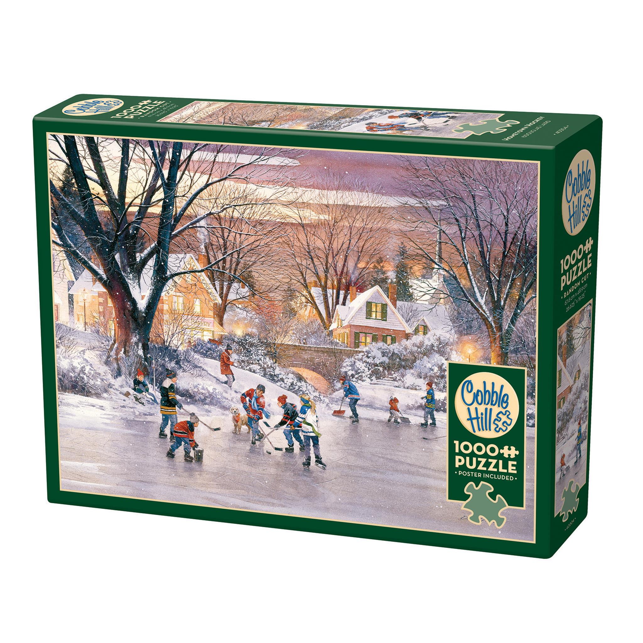 A 1000 piece Cobble Hill puzzle box featuring an illustrated winter scene with people playing hockey on a pond.