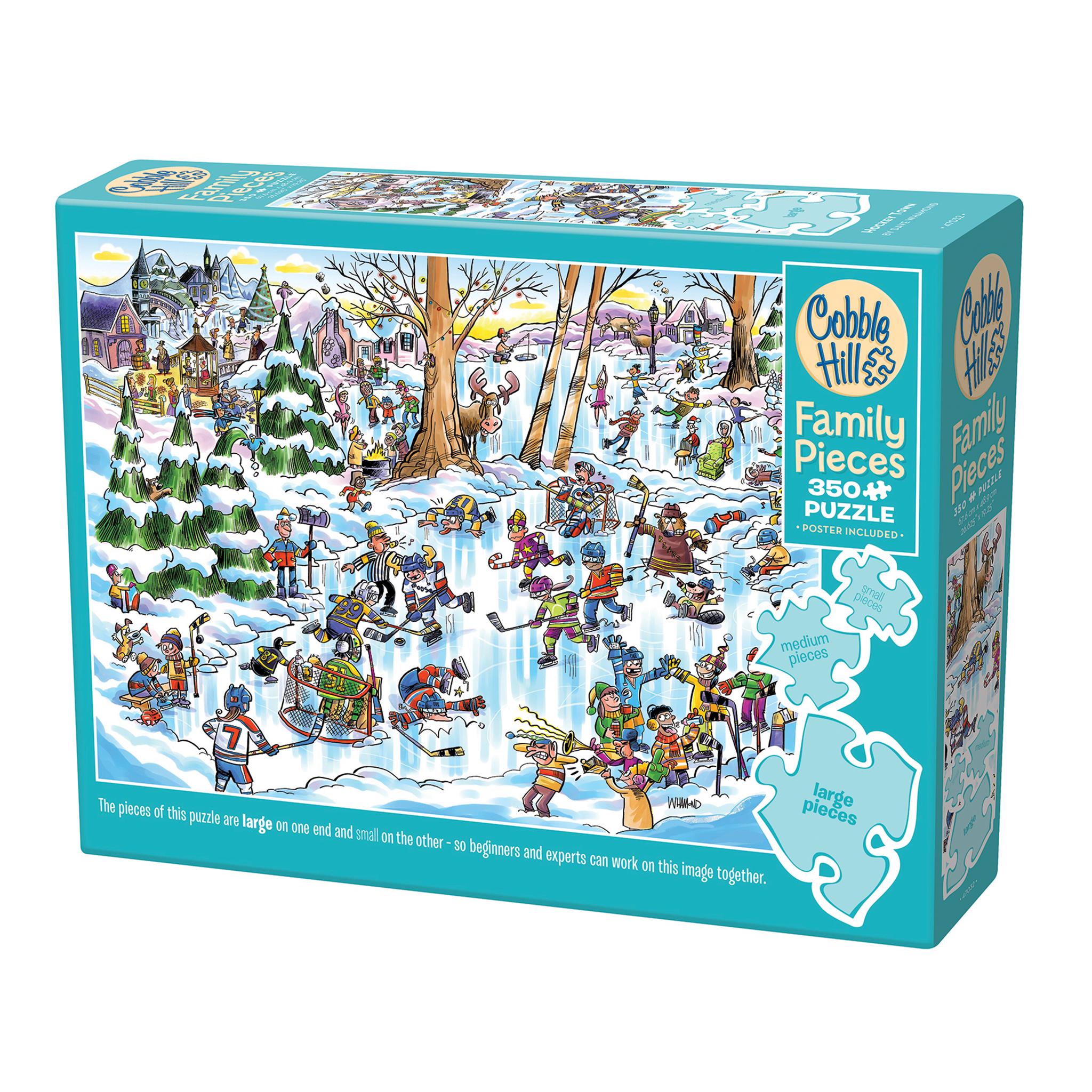 A puzzle box featuring an illustrated winter scene with people playing hockey and a beaver with a hockey stick. The box indicates it is a 350 piece family puzzle from Cobble Hill.