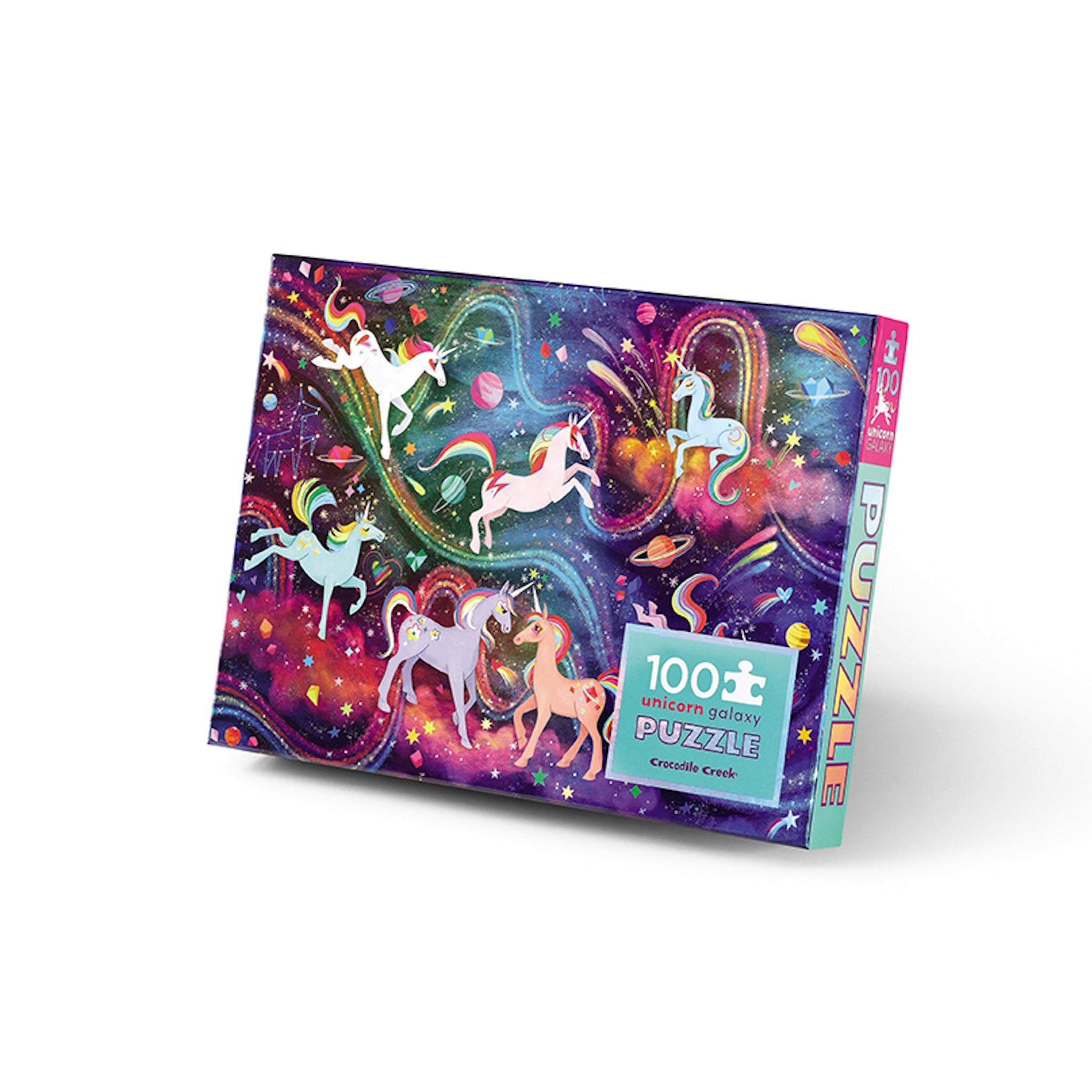 A 100 piece jigsaw puzzle box featuring a colorful holographic design with unicorns and galaxy elements.