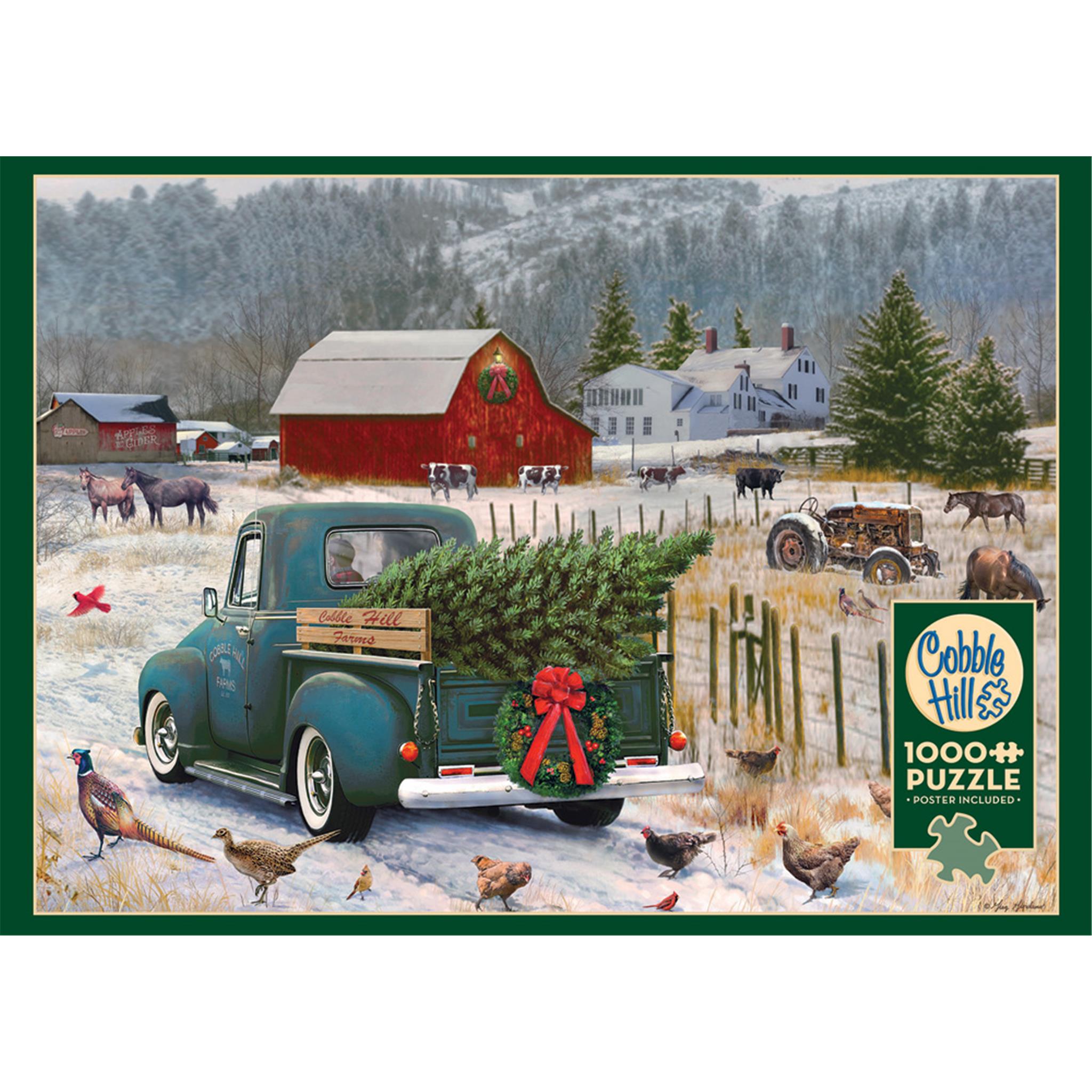 A 1000 piece Cobble Hill jigsaw puzzle box featuring an illustration of a vintage truck delivering a Christmas tree to a farmhouse.