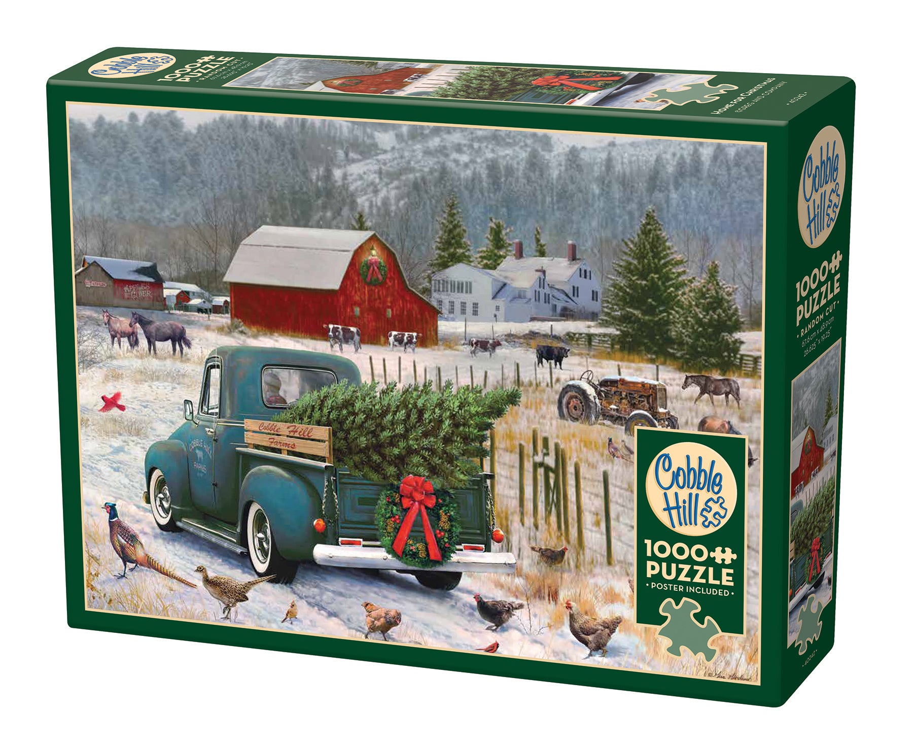 A 1000 piece Cobble Hill puzzle box featuring an illustration of an old blue truck delivering a Christmas tree to a farmhouse scene.