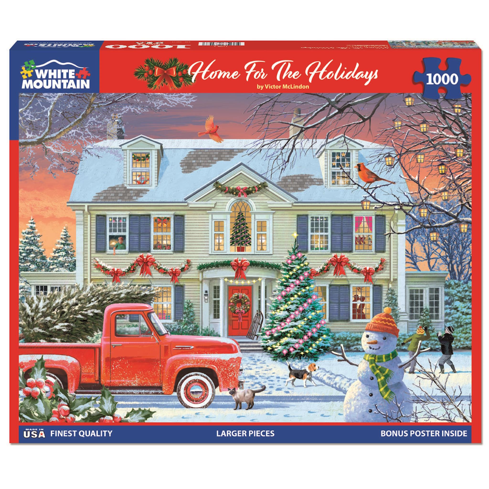 A 1000 piece jigsaw puzzle depicting a festive scene with a house, decorated for the holidays, a red truck, and a snowman in front. The puzzle is by White Mountain and has a bonus poster inside.