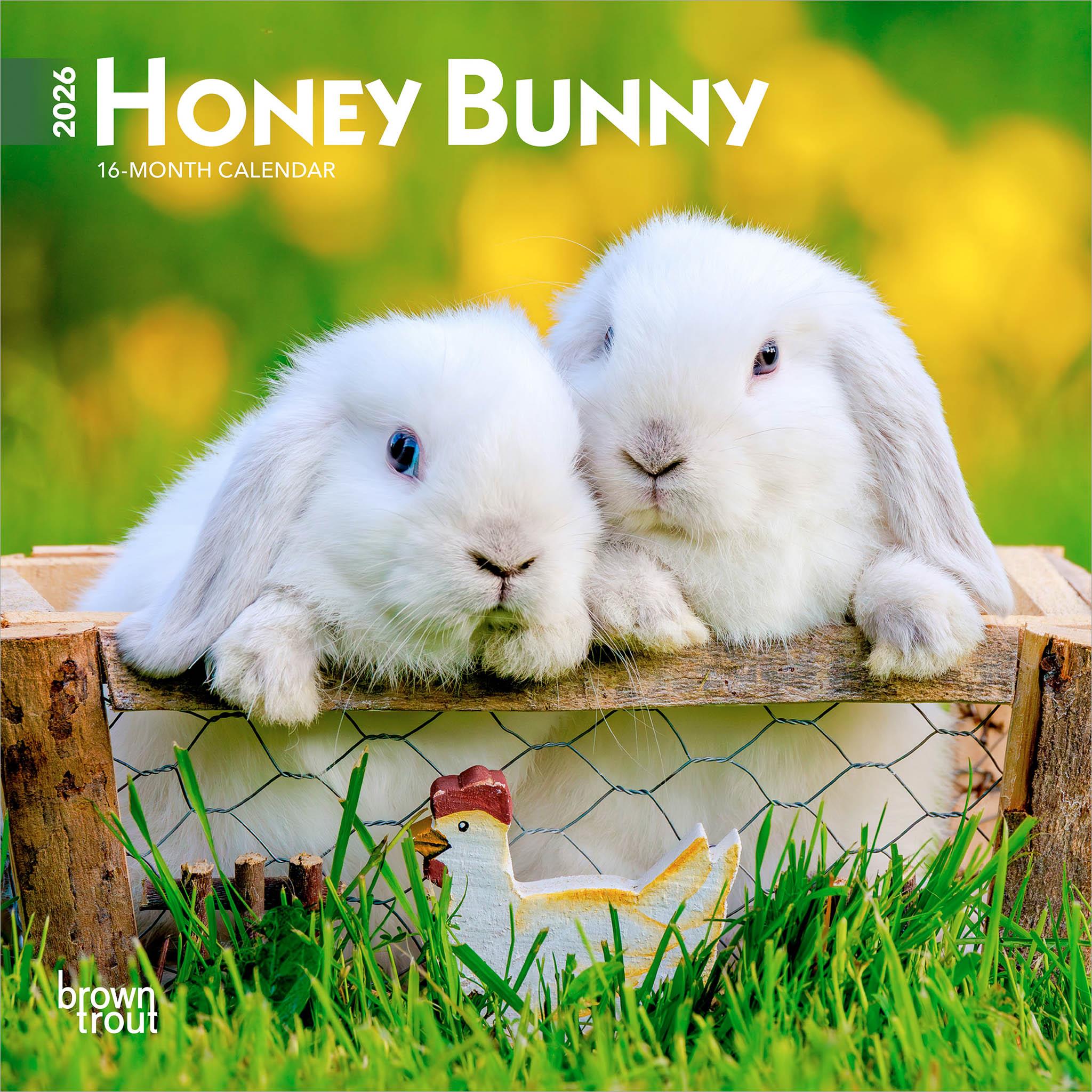 A mini calendar for 2026 with a image of two white bunnies sitting on a wooden box with a chicken in the background, indicating it's a publication by BrownTrout.