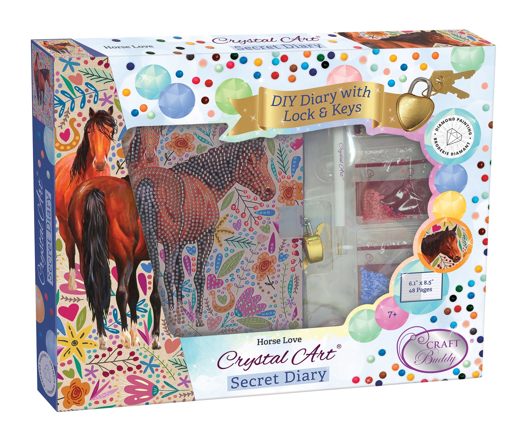 Packaging of a 'Horse Love Crystal Art Secret Diary' featuring images of horses, locks, and keys with a colorful and patterned background.