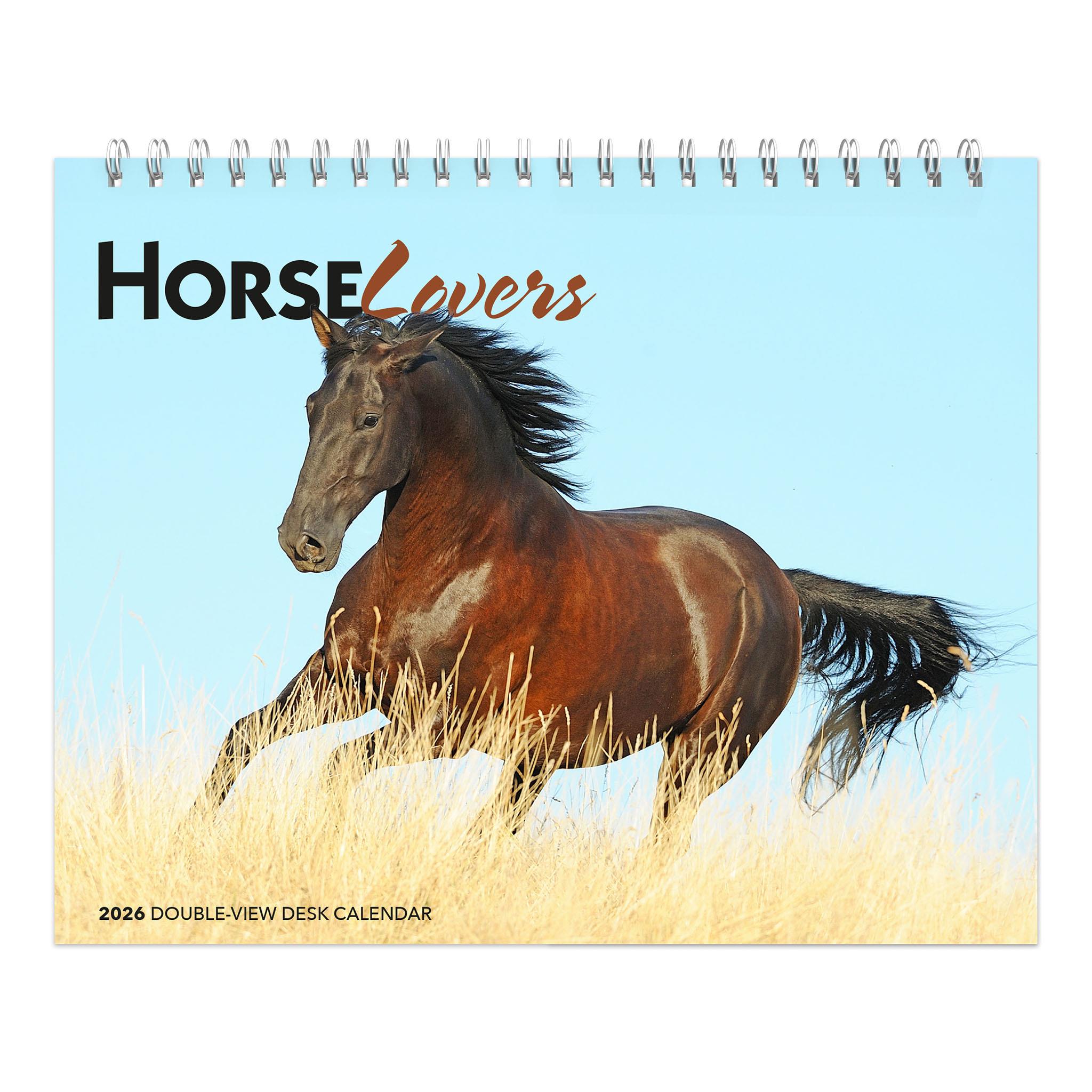 A calendar page featuring a photograph of a horse galloping in a field with a blue sky background. The calendar is titled 'Horse Lovers'.