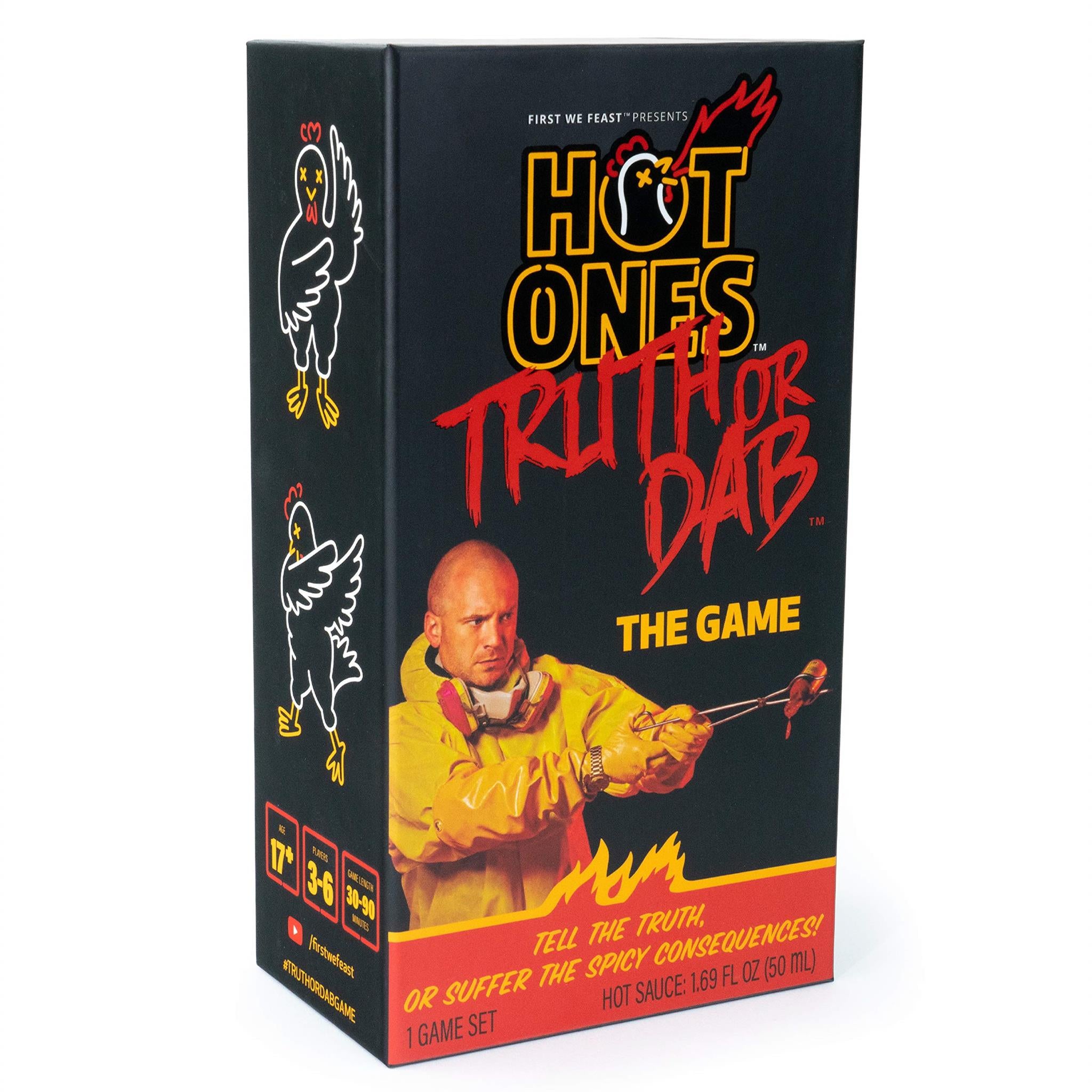 The product image shows the packaging for "Hot Ones: Truth Or Dab," featuring an illustration of a man eating a chicken wing with fire effects in the background.