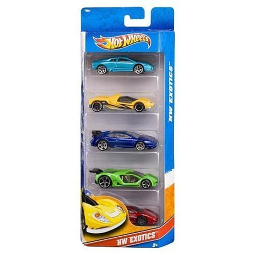A pack of five Hot Wheels toy cars in various colors placed in a clear plastic blister packaging with a card header showing the Hot Wheels logo and the name '5 Car Gift Pack'.