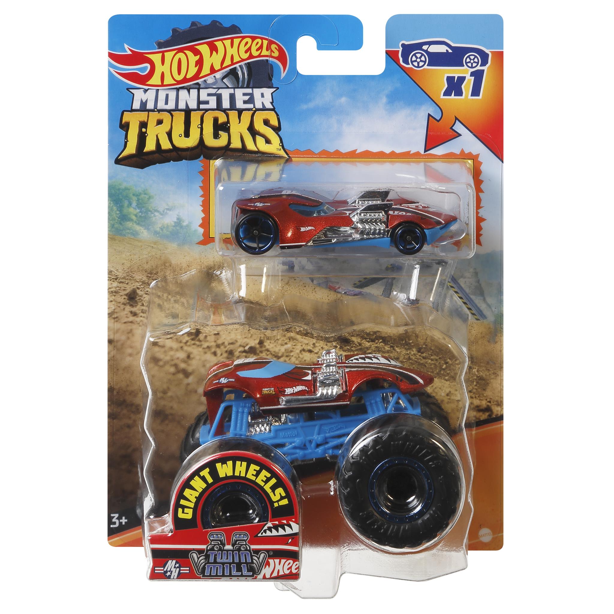 Packaged Hot Wheels Monster Truck toy in red and blue colors, with the Hot Wheels logo visible on the packaging.
