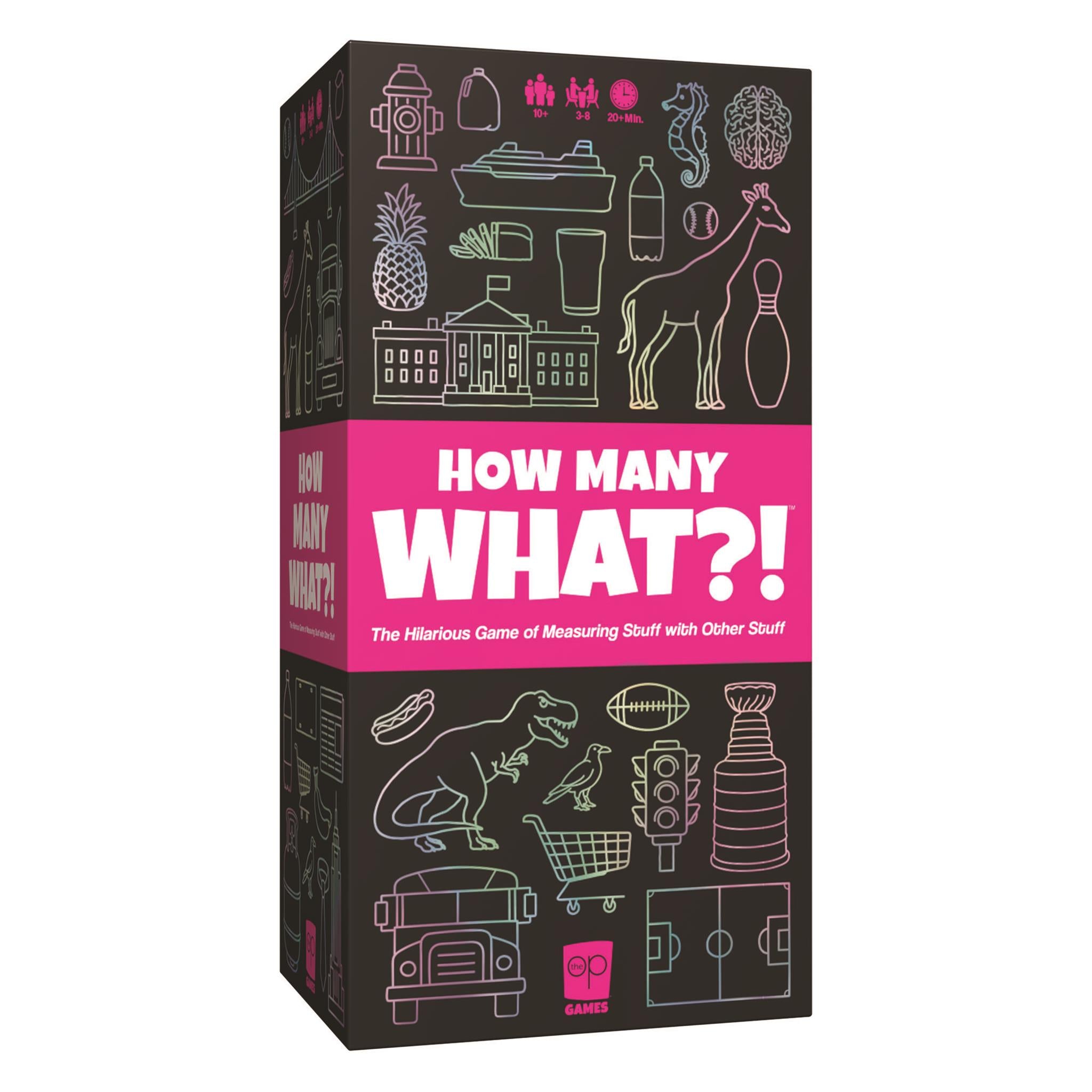 Boxed game with a hot pink band in the centre with the games title How Many What?!: the hilarious game of measuring stuff with other stuff.